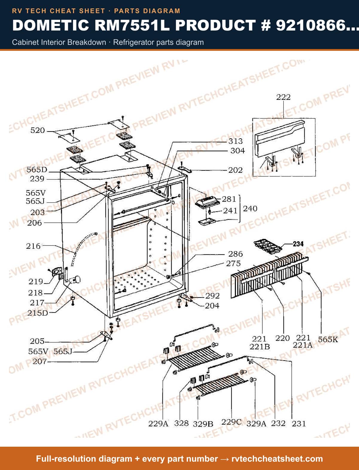 Dometic RM7551L Product # 921086630 cabinet interior breakdown — parts list sheet