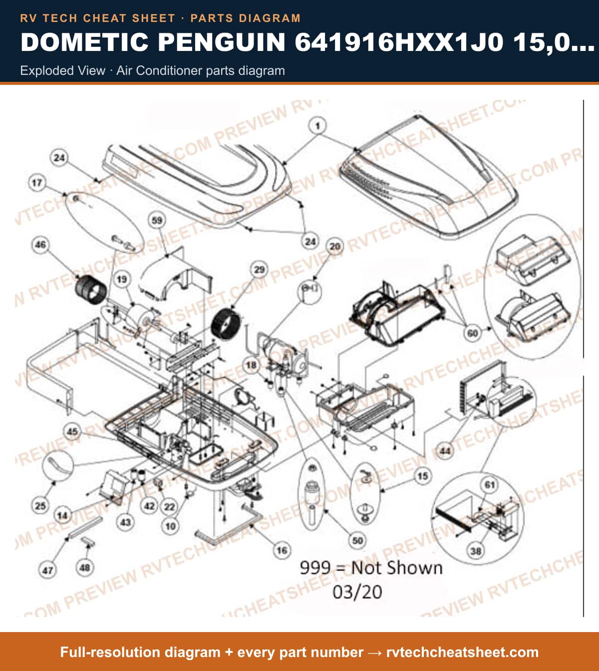 Dometic Penguin 641916HXX1J0 15,000 BTU exploded view — parts list sheet