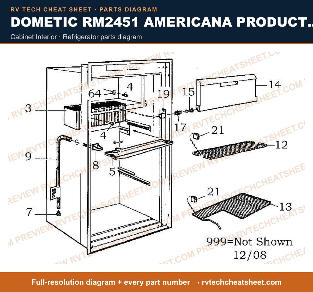 Dometic RM2451 Americana Product # 921140134 Black cabinet interior — parts list sheet