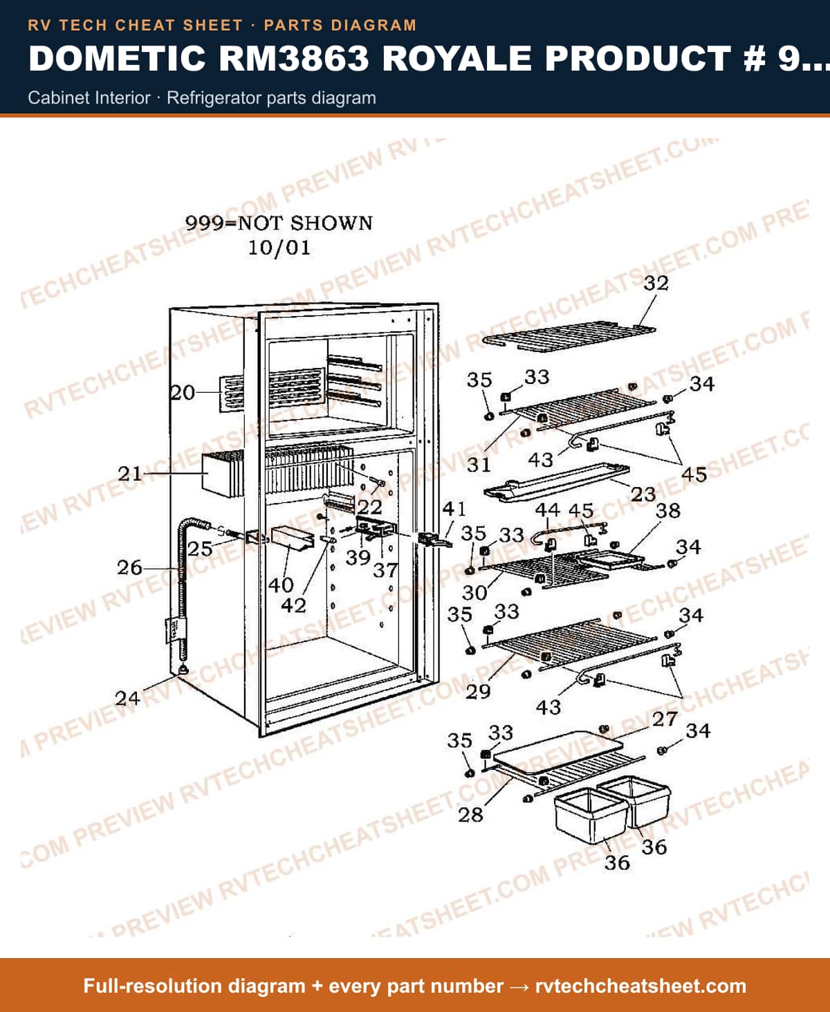 Dometic RM3863 Royale Product # 921146061 Black cabinet interior — parts list sheet