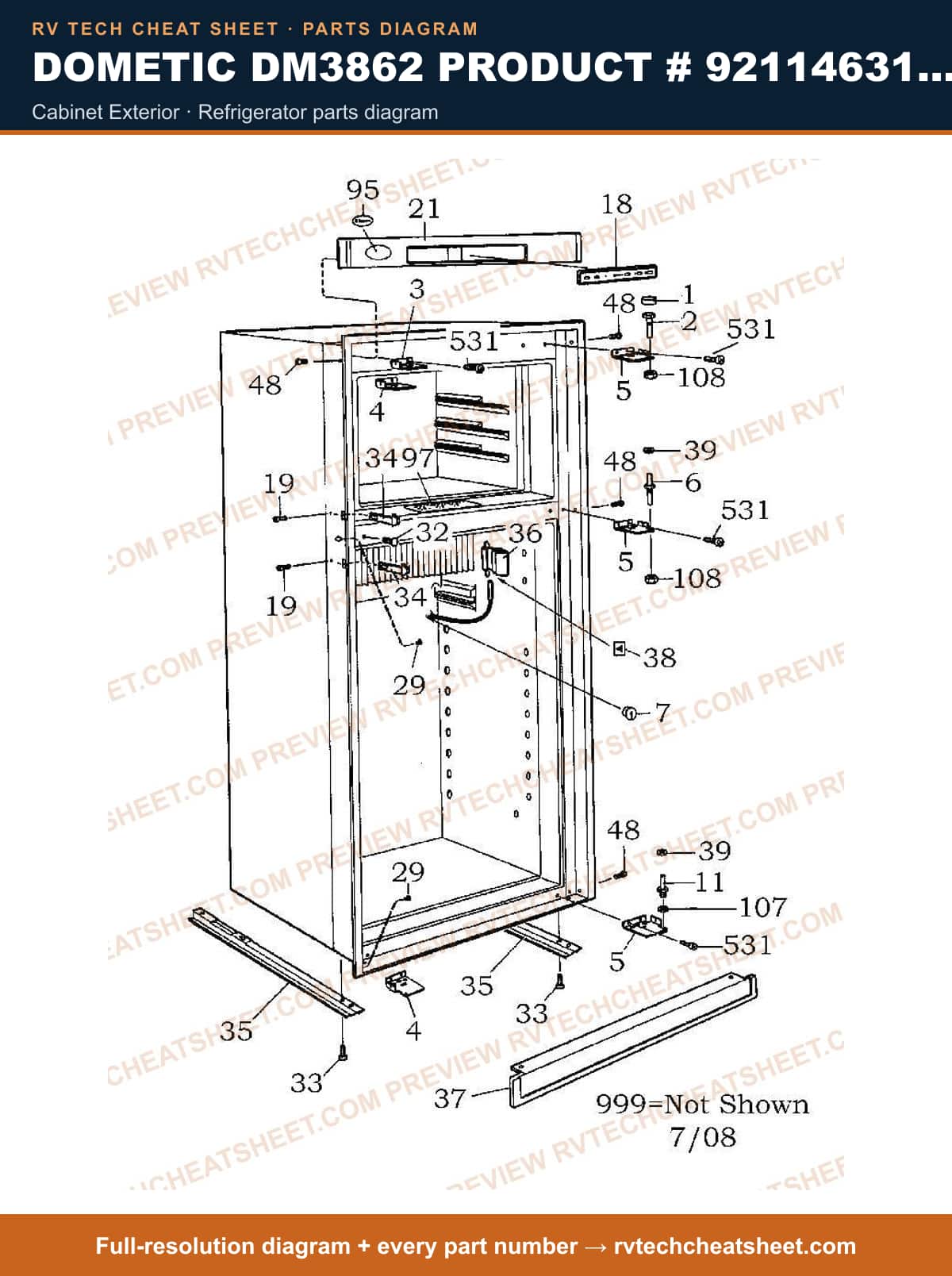 Dometic DM3862 Product # 921146311 Stainless cabinet exterior — parts list sheet