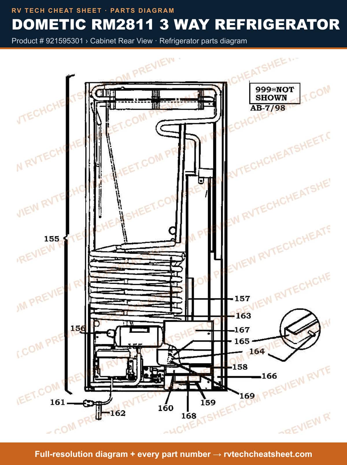 Dometic RM2811 3 Way Refrigerator product # 921595301 › cabinet rear view — parts list sheet