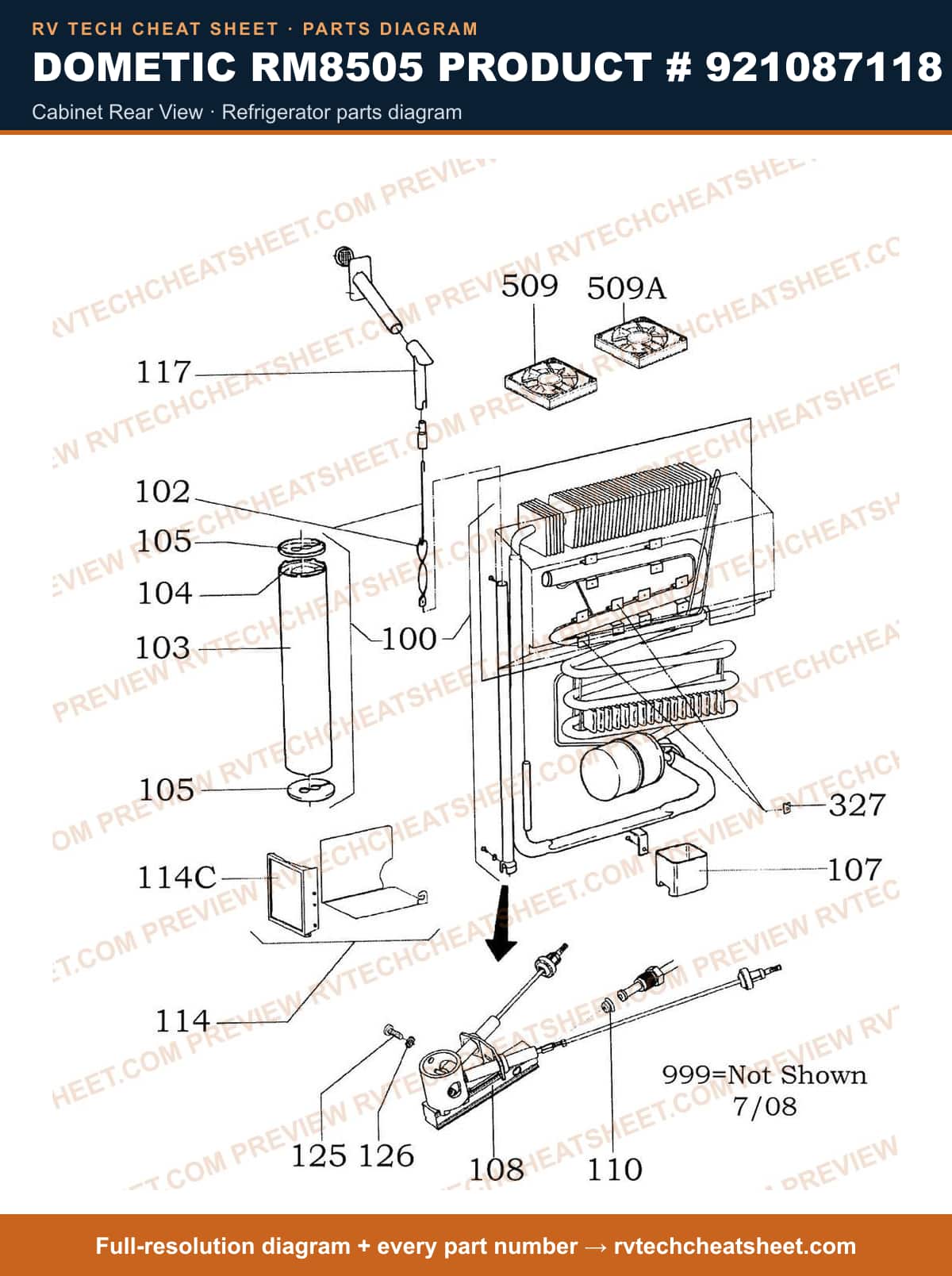 Dometic RM8505 Product # 921087118 cabinet rear view — parts list sheet