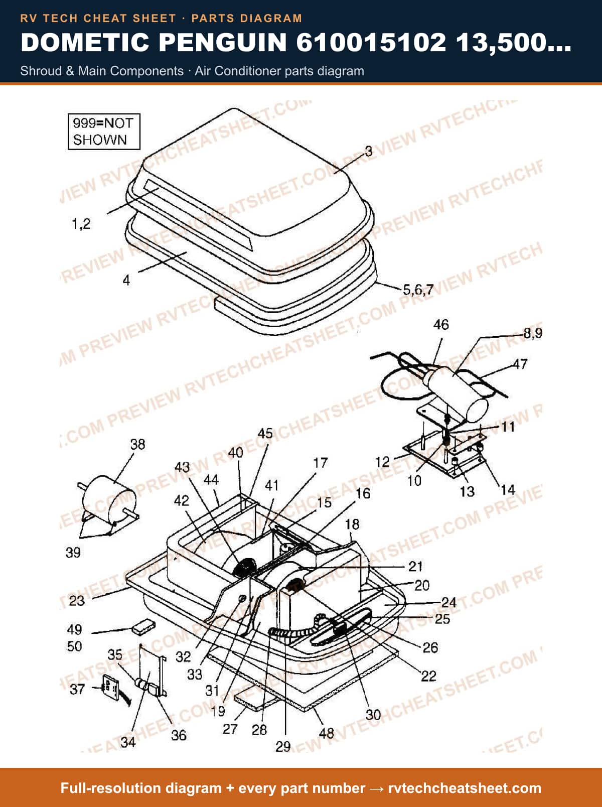 Dometic Penguin 610015102 13,500 BTU shroud & main components — parts list sheet