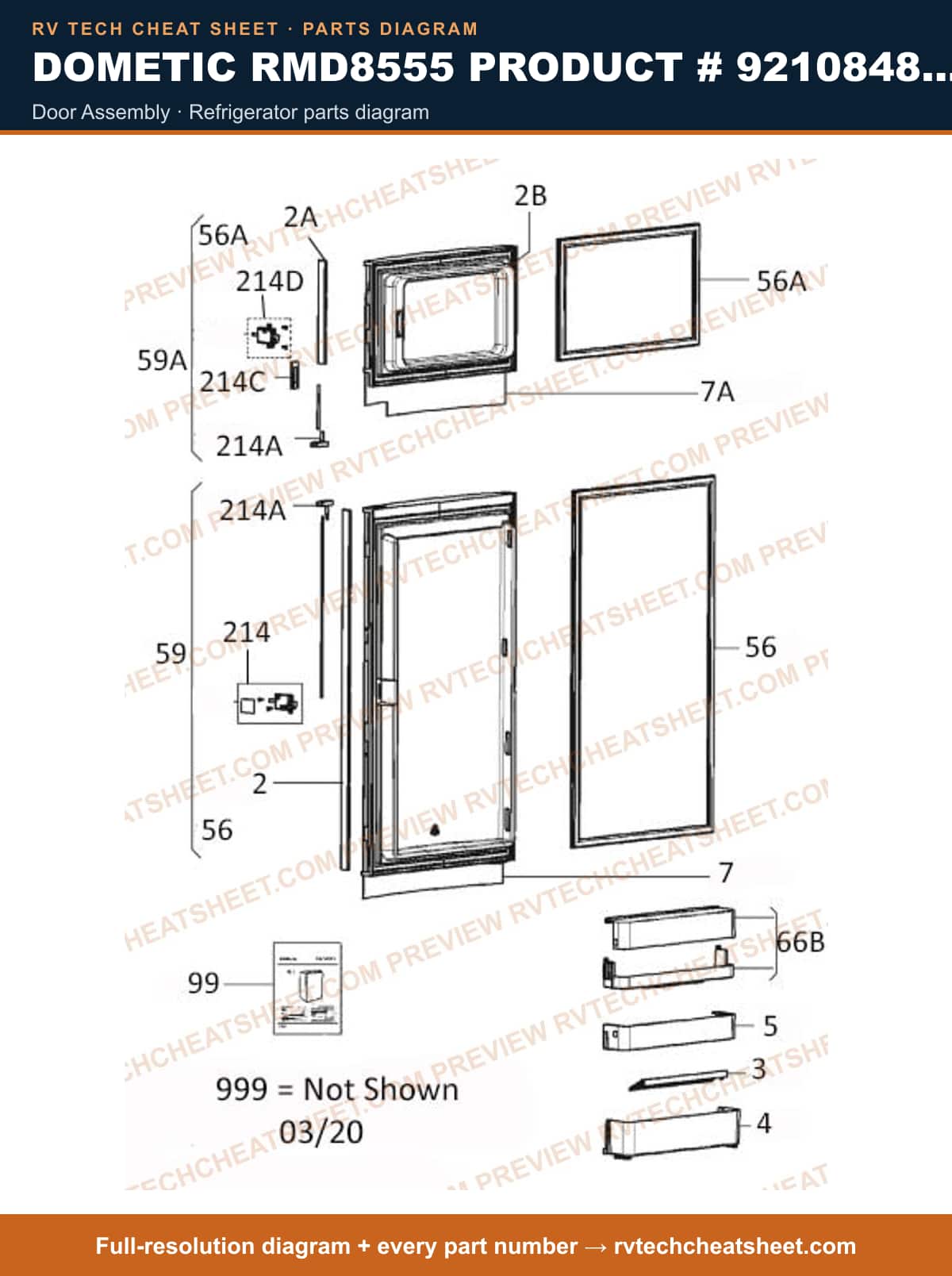 Dometic RMD8555 Product # 921084830 door assembly — parts list sheet