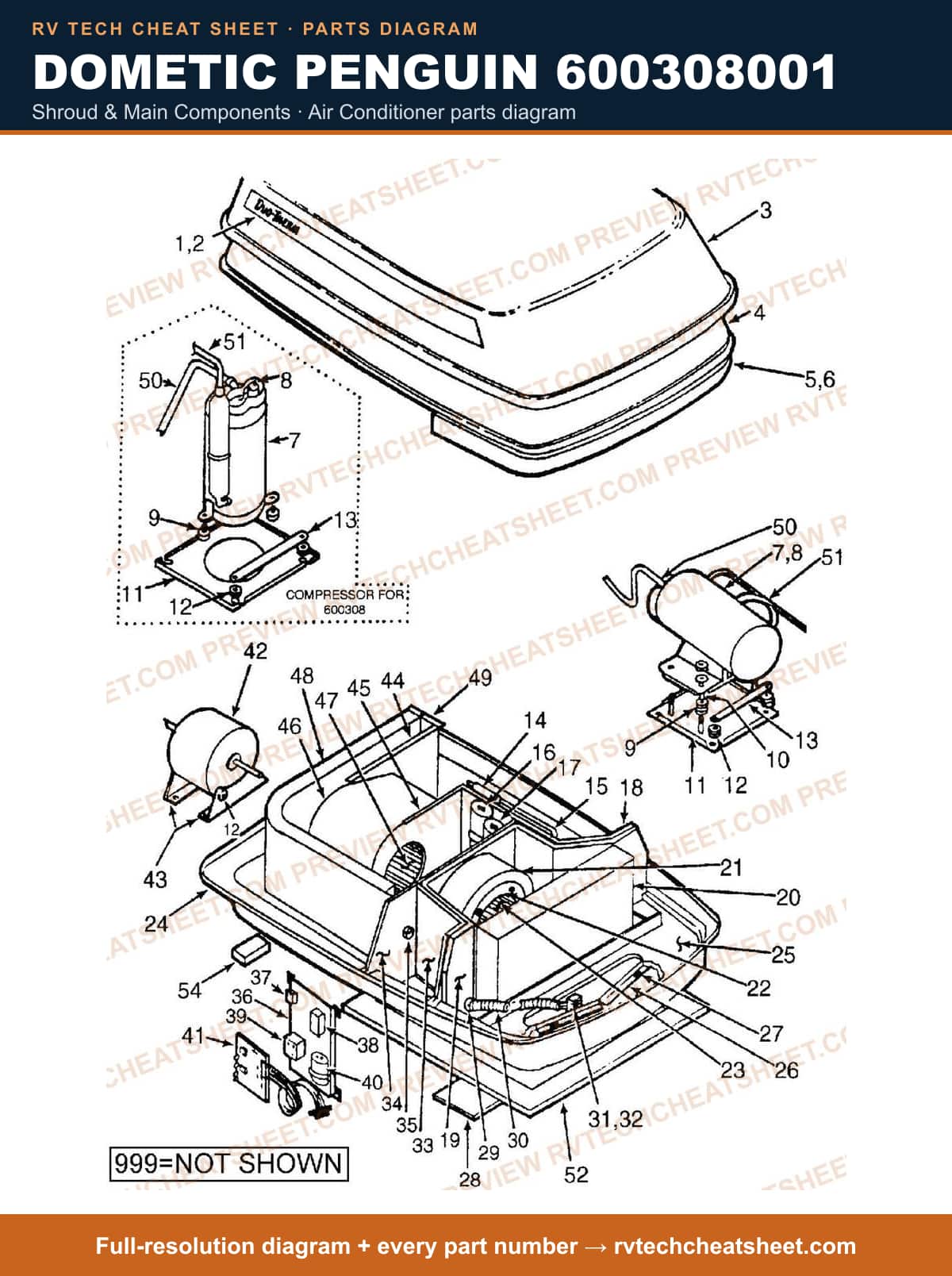 Dometic Penguin 600308001 shroud & main components — parts list sheet 2 of 2