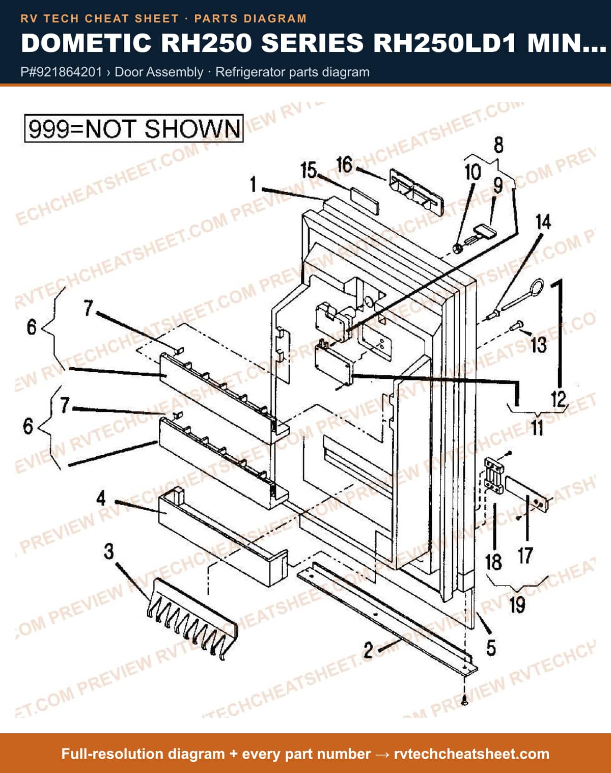 Dometic RH250 Series RH250LD1 Minibar p#921864201 › door assembly — parts list sheet