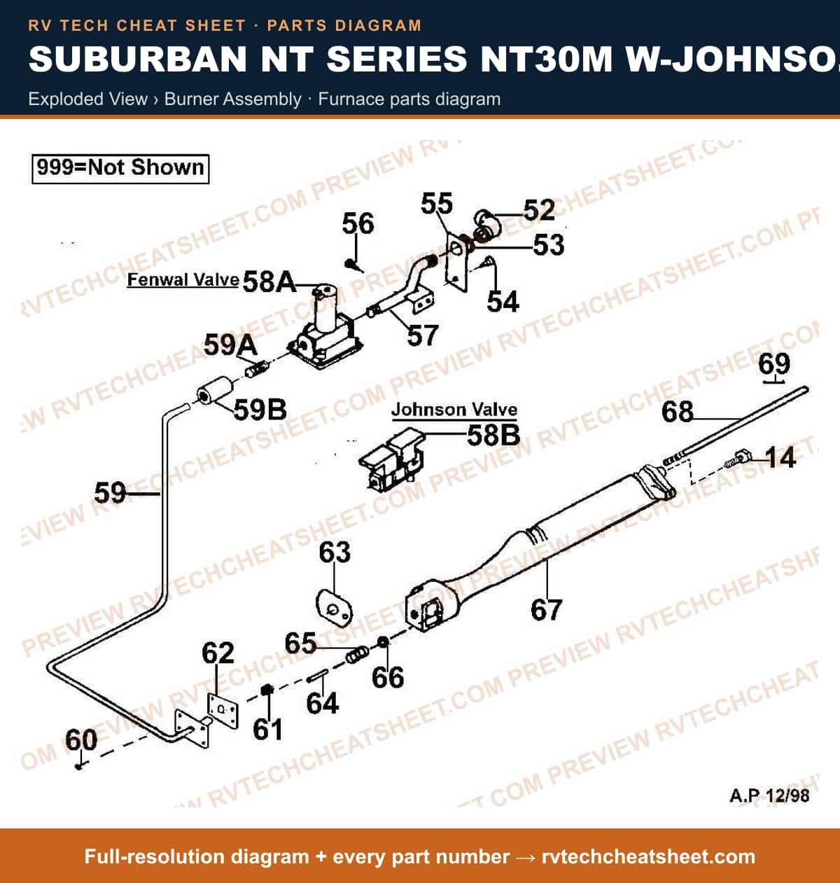Suburban Nt Series NT30M W-johnson-fenwal Valves exploded view › burner assembly — exploded parts diagram 2 of 2