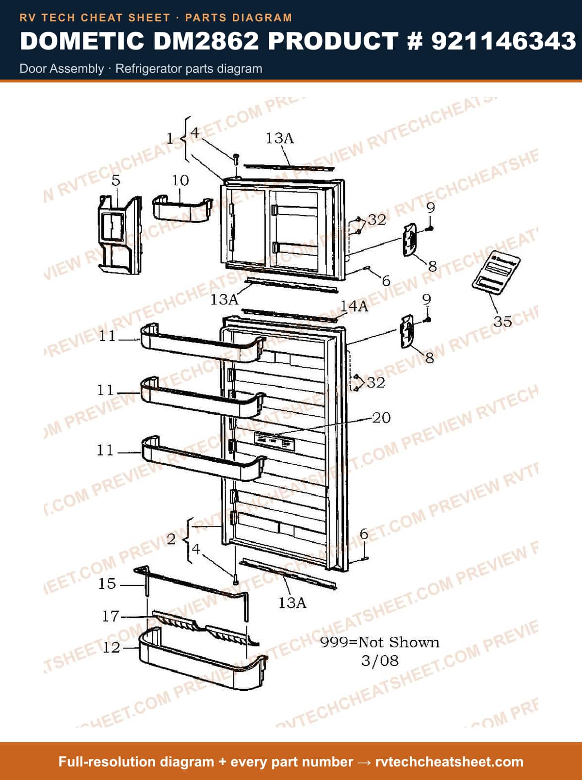 Dometic DM2862 Product # 921146343 door assembly — parts list sheet