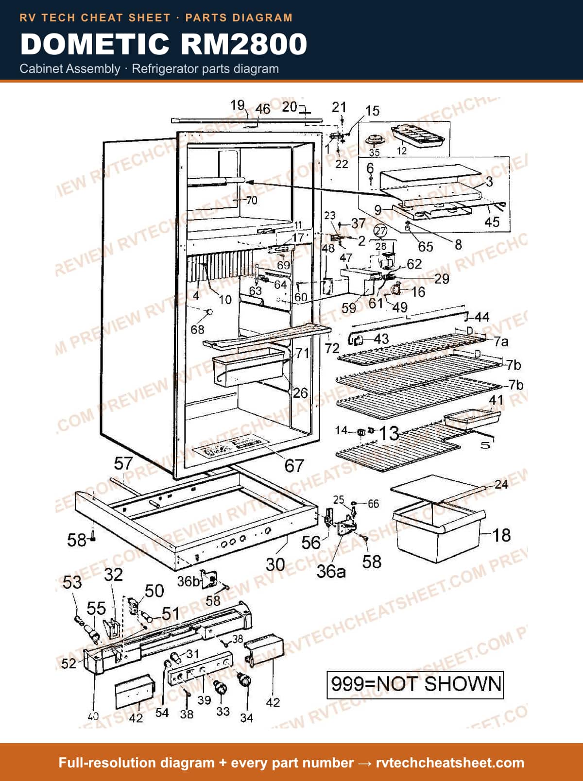 Dometic RM2800 cabinet assembly — parts list sheet