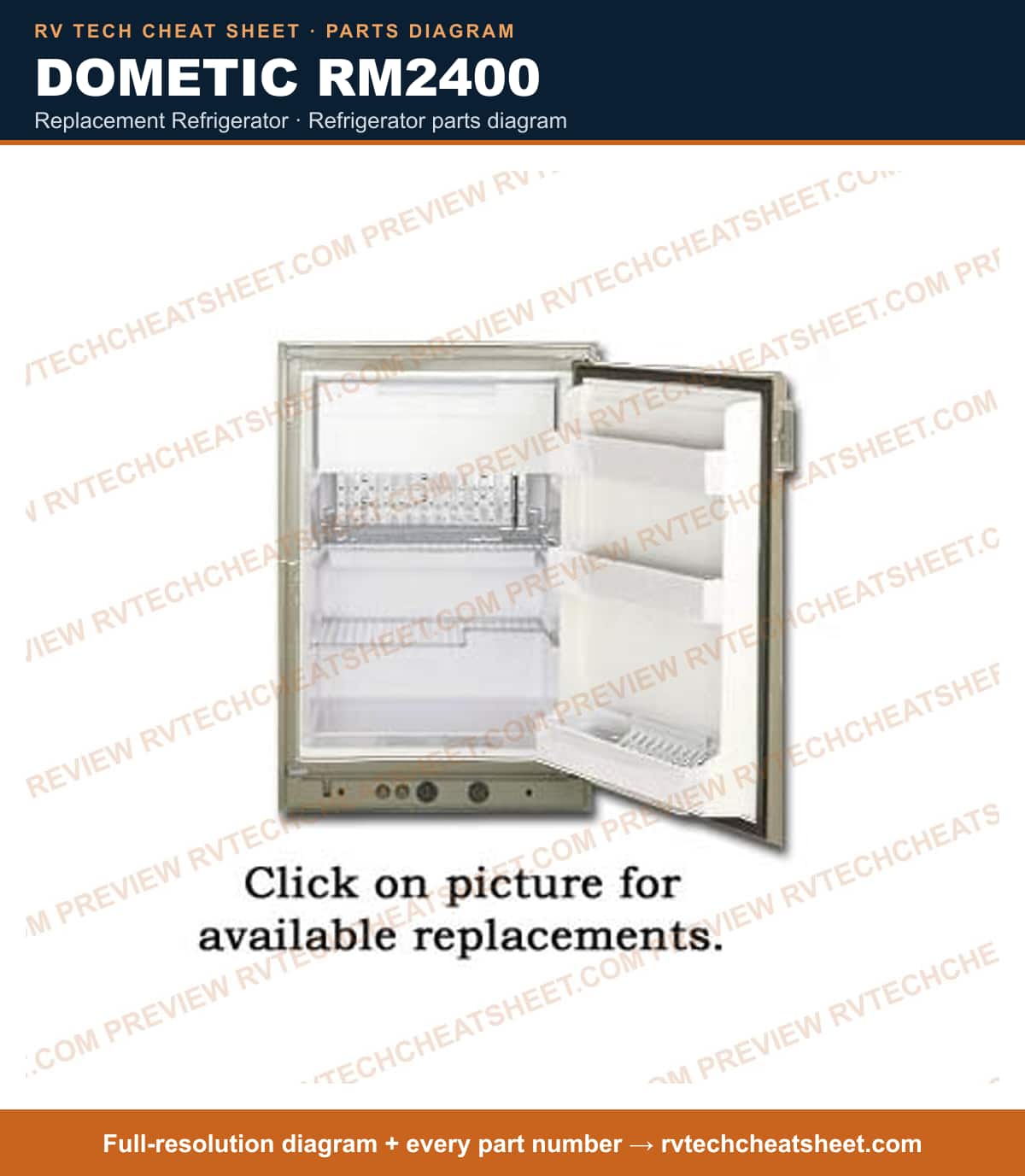 Dometic RM2400 replacement refrigerator — parts list sheet