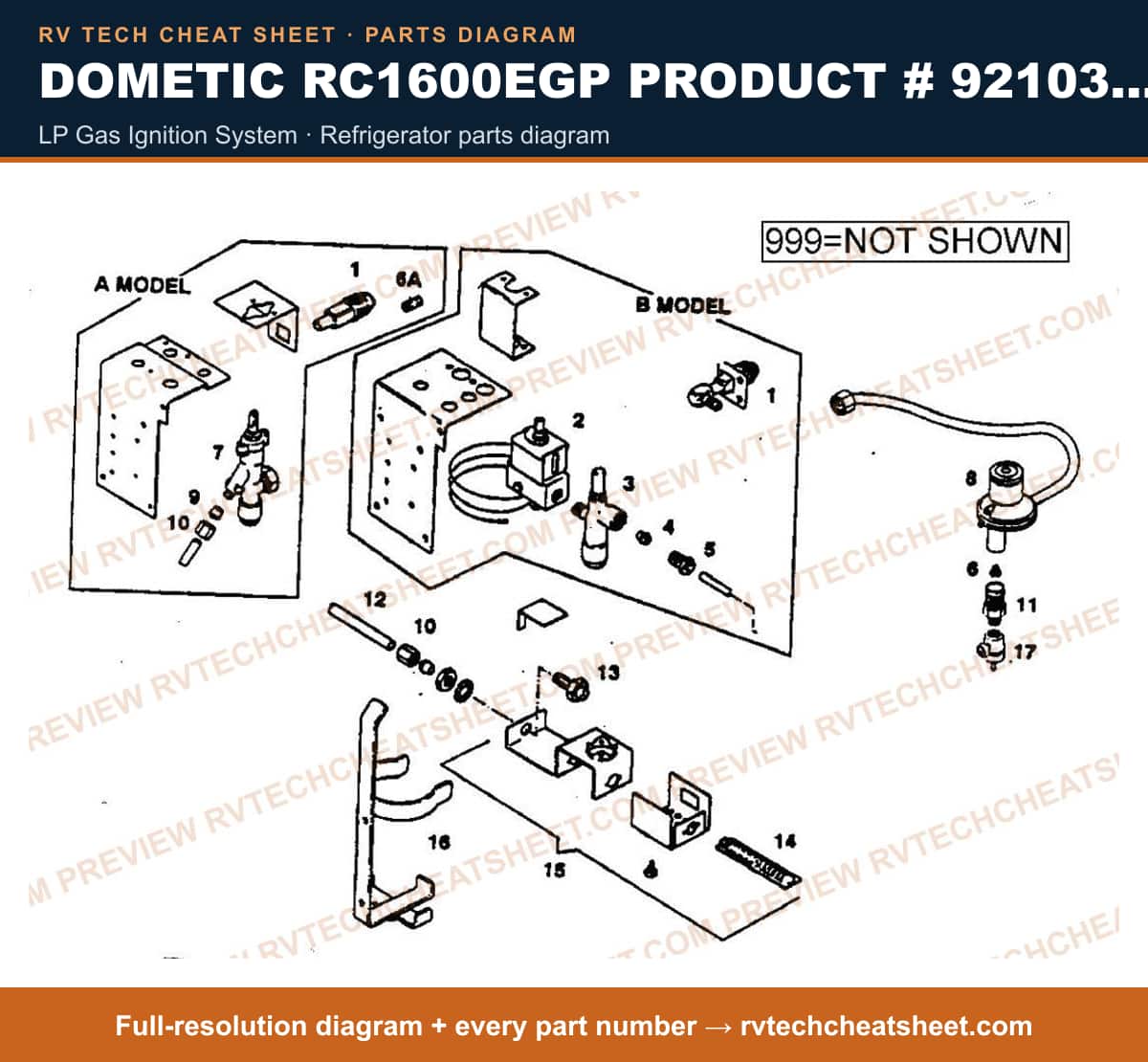 Dometic RC1600EGP Product # 921030801 Canada lp gas ignition system — exploded parts diagram