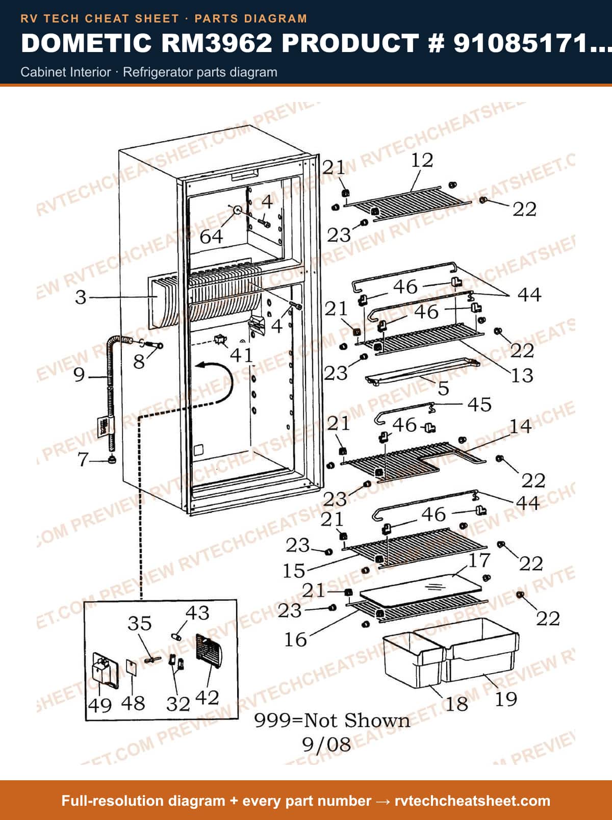 Dometic RM3962 Product # 9108517168 cabinet interior — parts list sheet