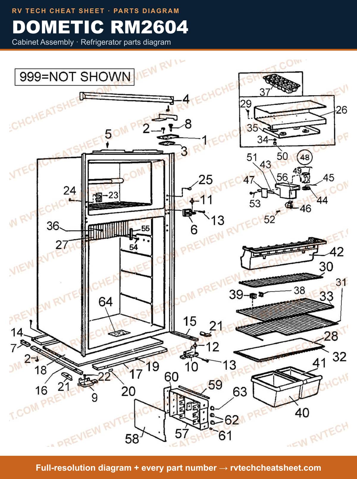 Dometic RM2604 cabinet assembly — parts list sheet