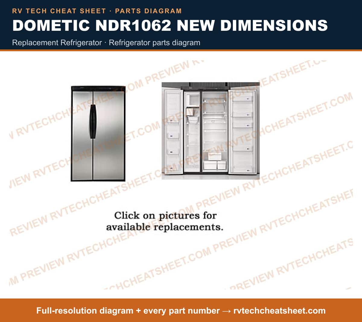Dometic NDR1062 New Dimensions replacement refrigerator — parts list sheet