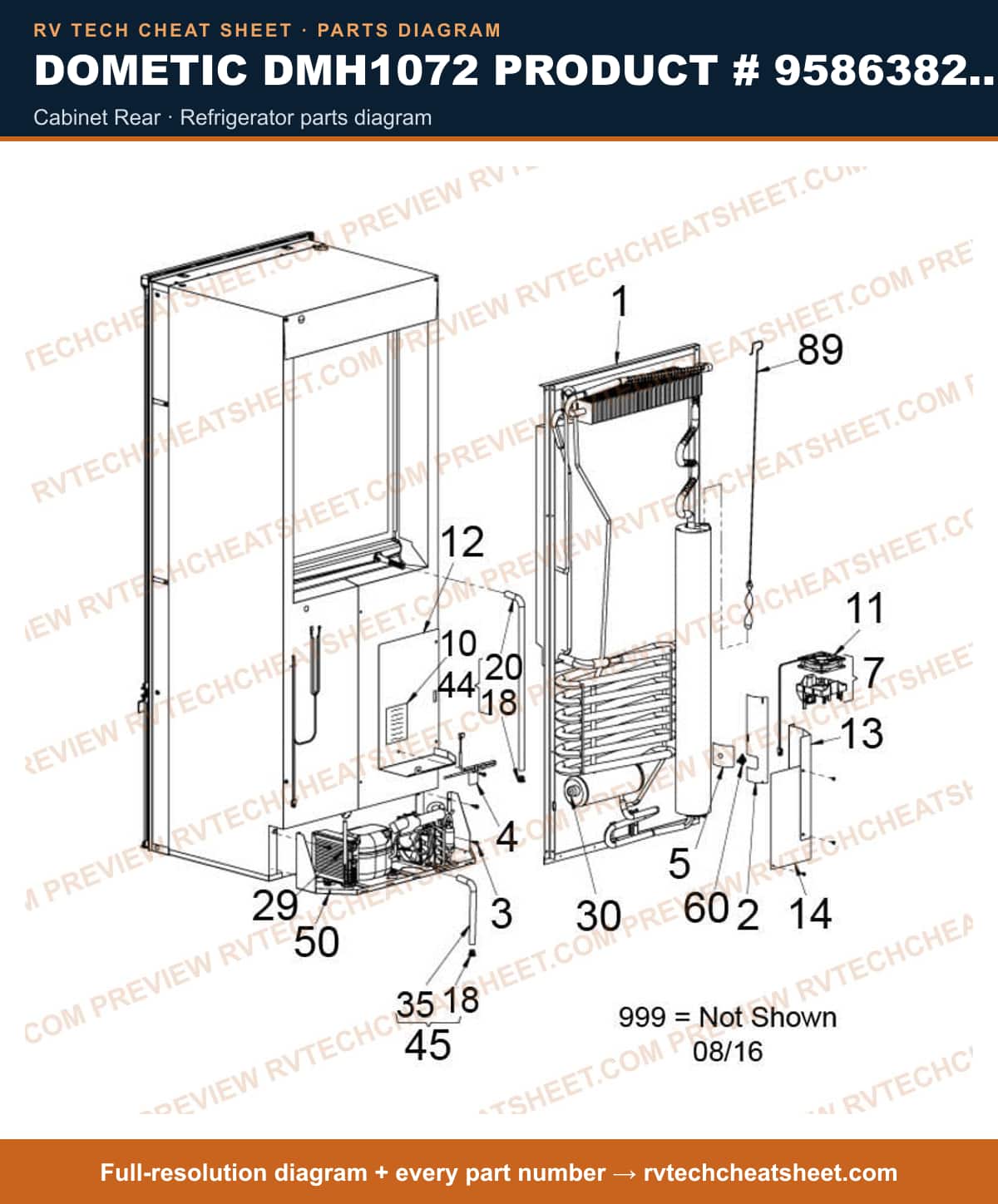 Dometic DMH1072 Product # 958638246 cabinet rear — parts list sheet