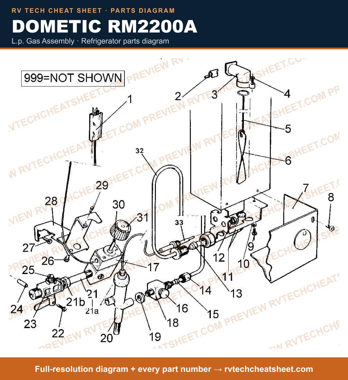 Dometic RM2200A l.p. gas assembly — parts list sheet