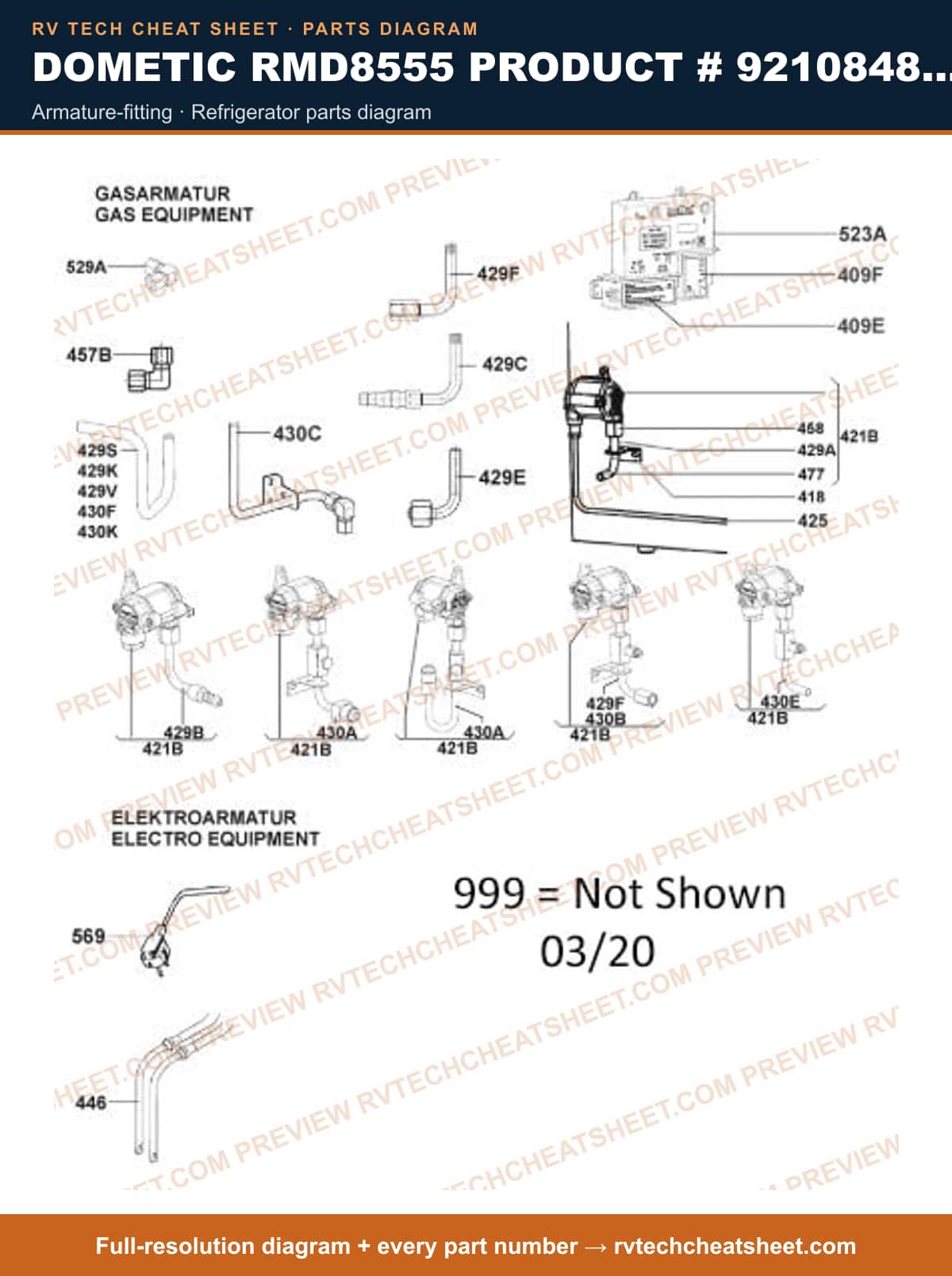 Dometic RMD8555 Product # 921084830 armature-fitting — parts list sheet