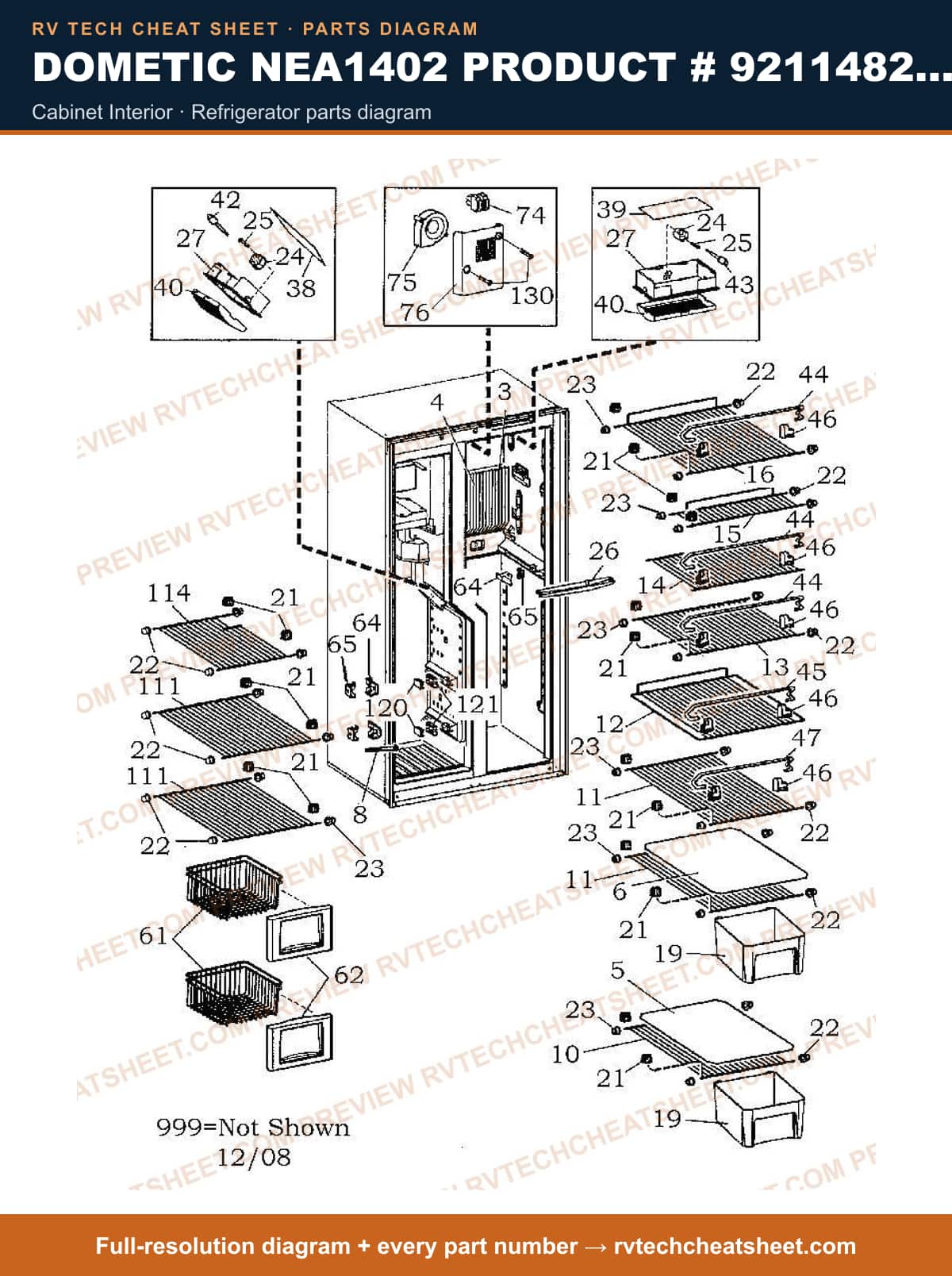 Dometic NEA1402 Product # 921148255 cabinet interior — parts list sheet