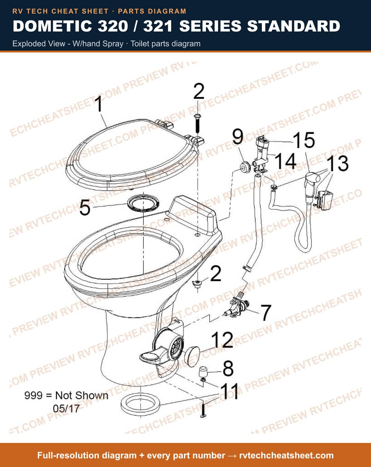 Dometic 320 / 321 Series Standard exploded view - w/hand spray — exploded parts diagram 2 of 3