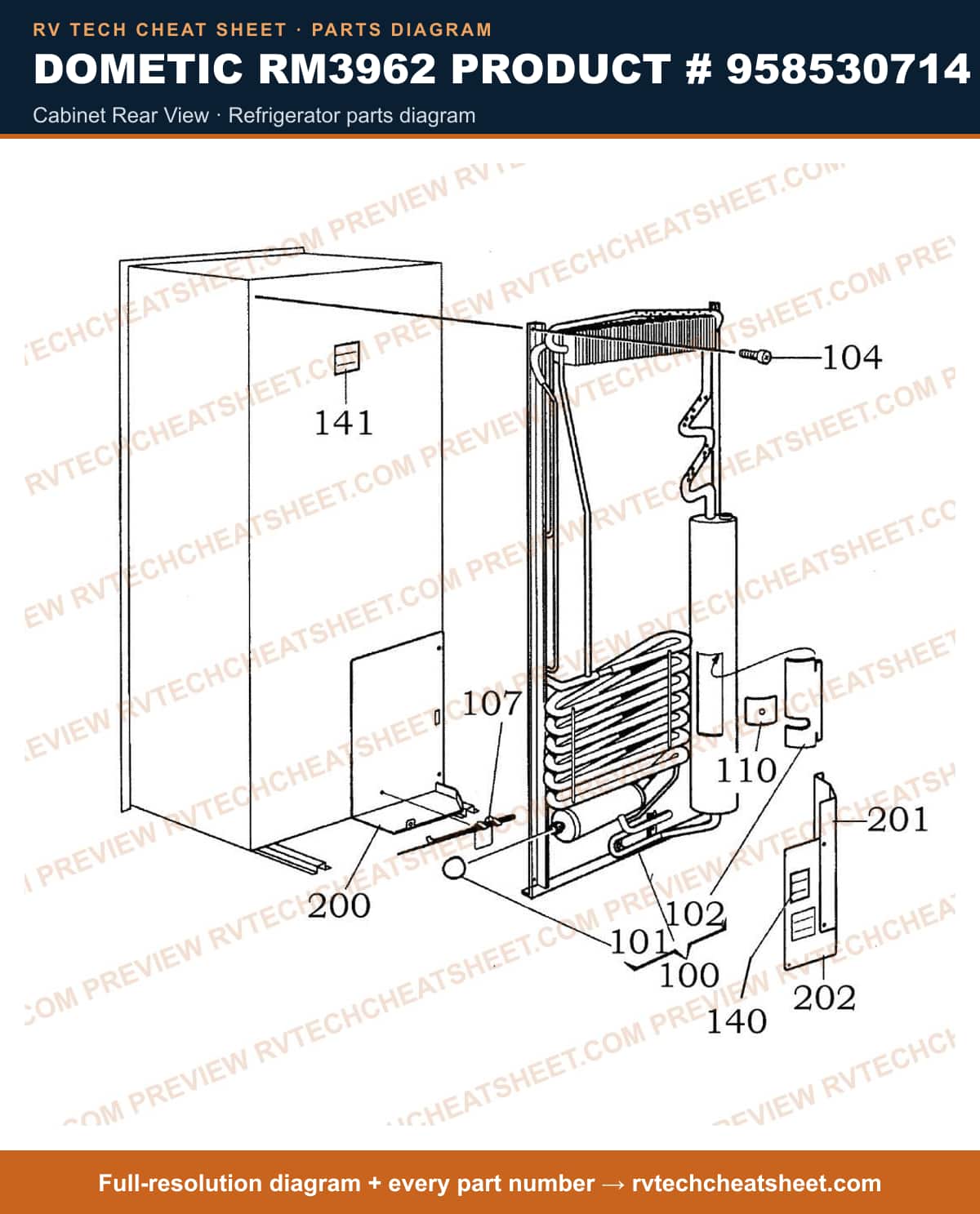 Dometic RM3962 Product # 958530714 cabinet rear view — parts list sheet