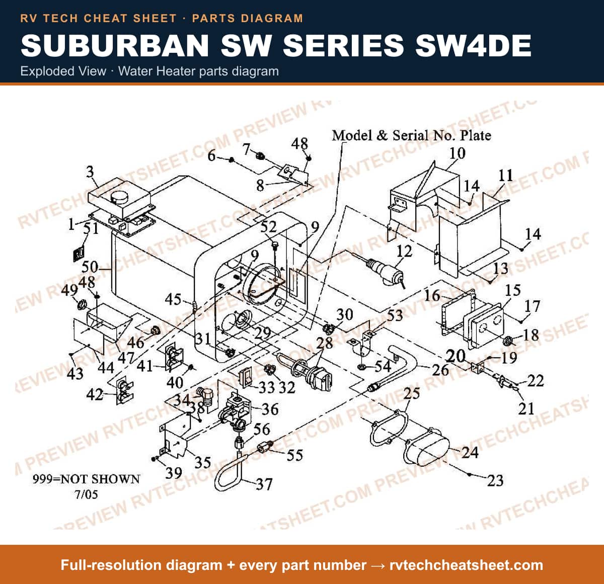 Suburban Sw Series SW4DE exploded view — parts list sheet