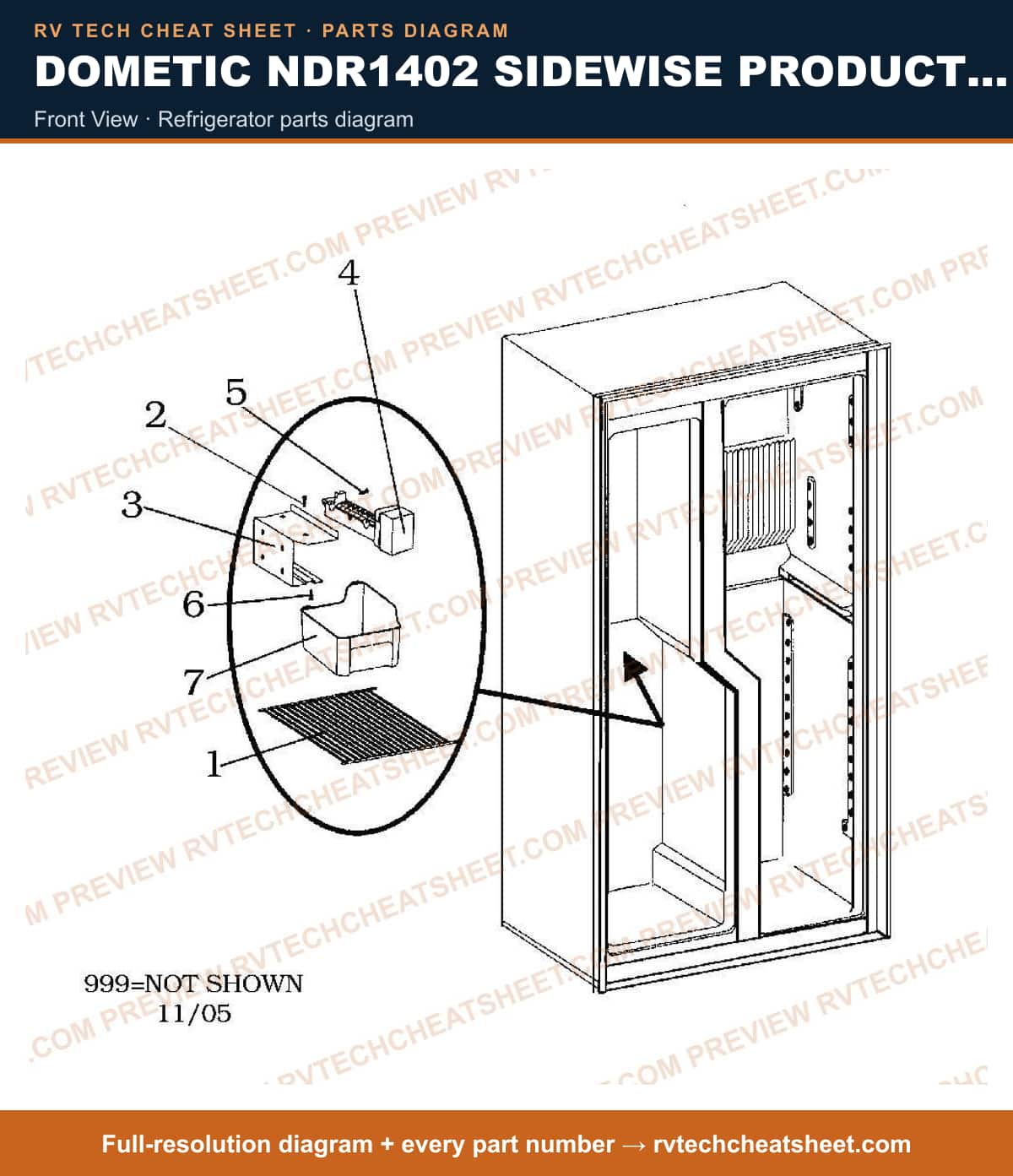 Dometic NDR1402 Sidewise Product # 921148204 Black front view — parts list sheet