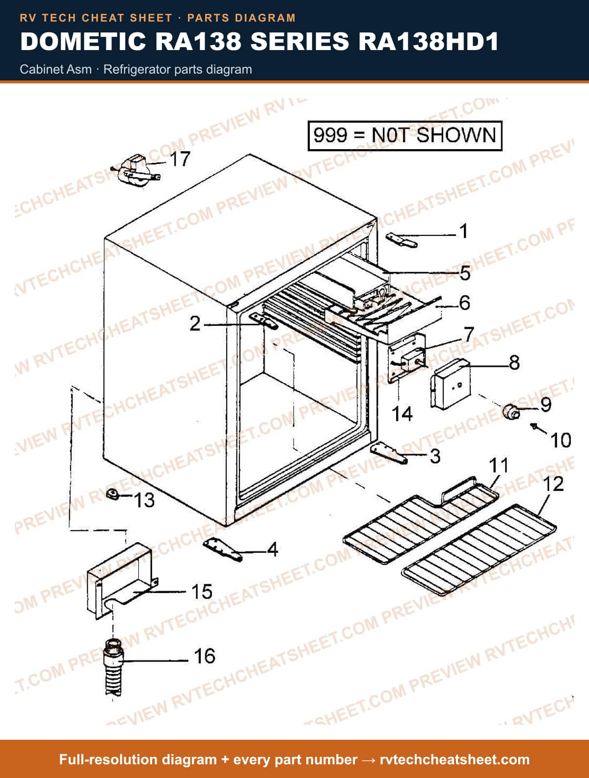Dometic RA138 Series RA138HD1 cabinet asm — exploded parts diagram
