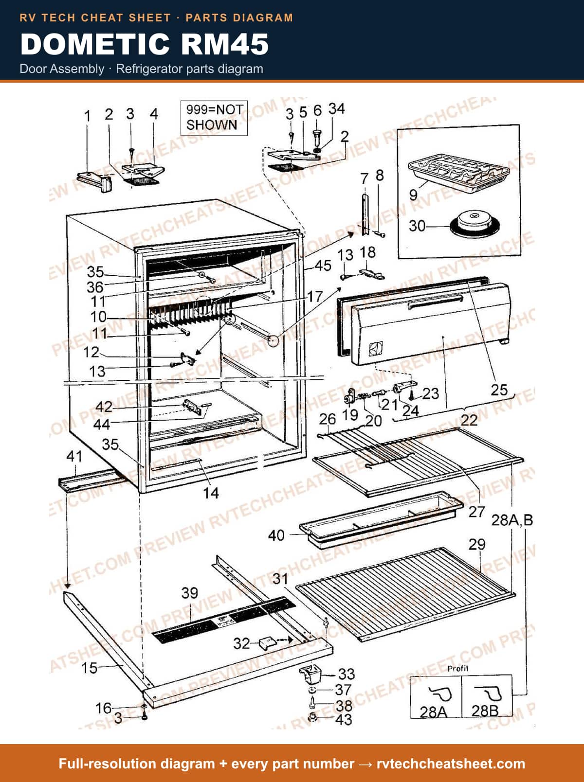 Dometic RM45 door assembly — parts list sheet