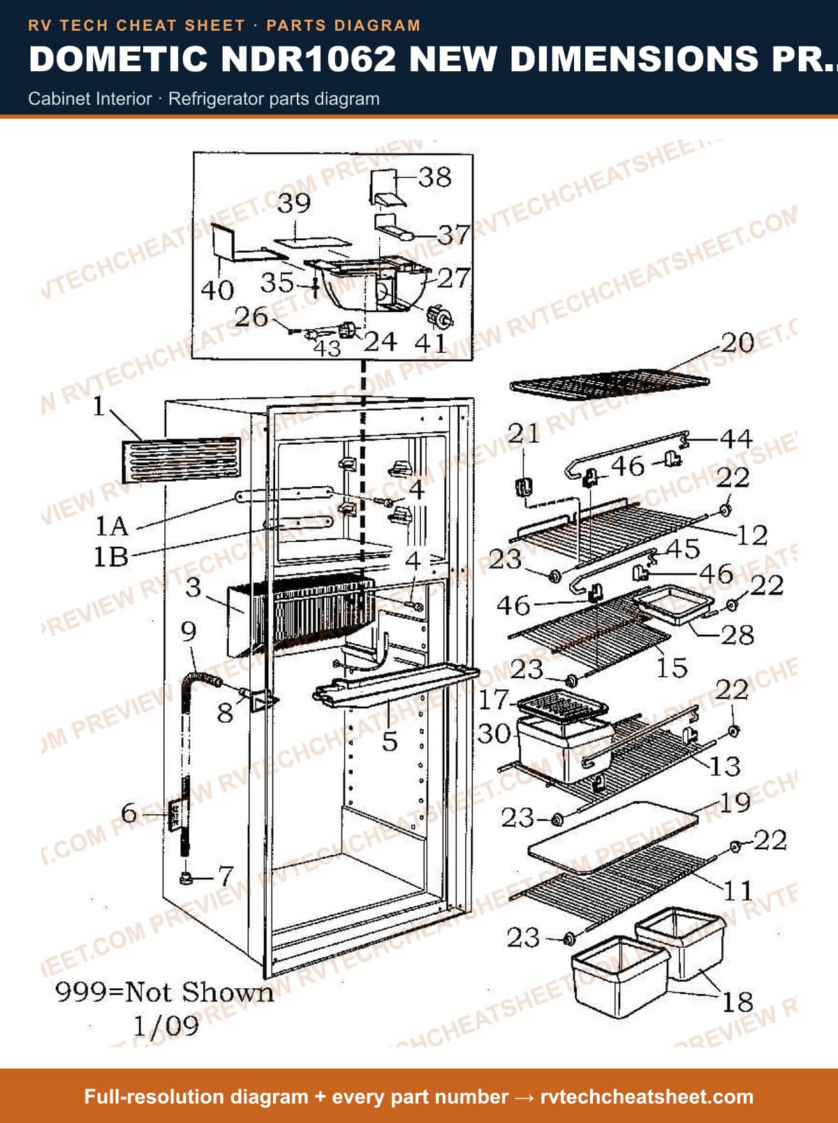 Dometic NDR1062 New Dimensions Product # 921146177 Black cabinet interior — parts list sheet