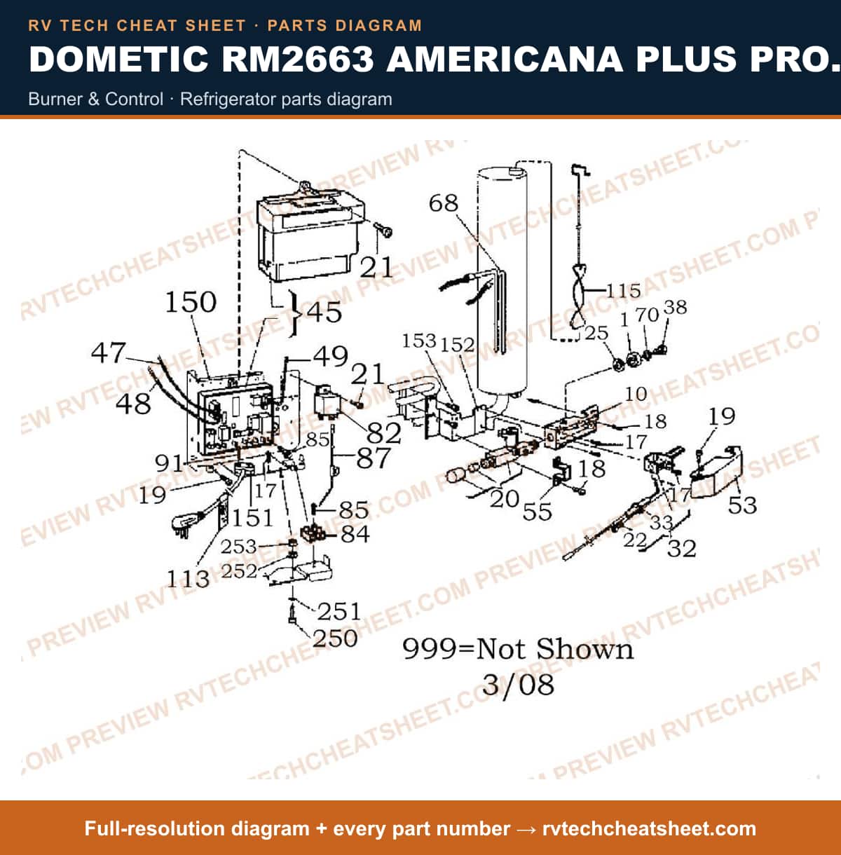 Dometic RM2663 Americana Plus Product # 921144136 Black burner & control — parts list sheet