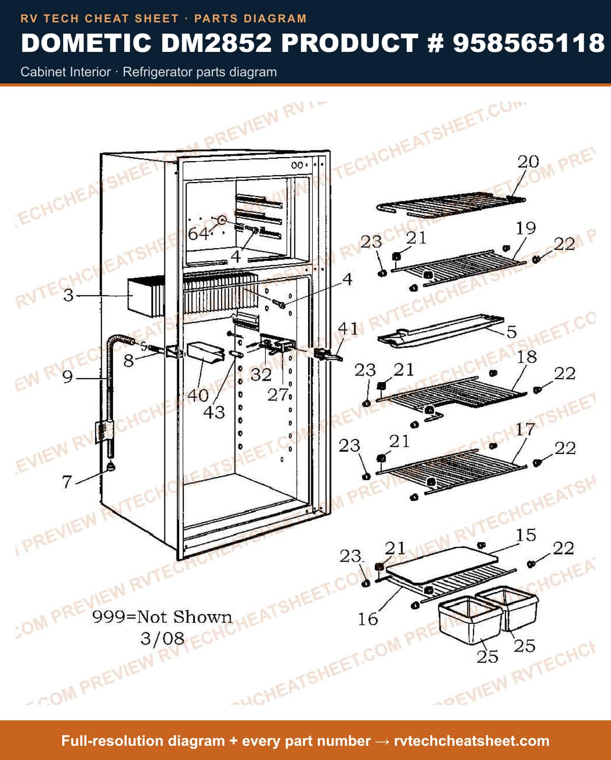 Dometic DM2852 Product # 958565118 cabinet interior — parts list sheet