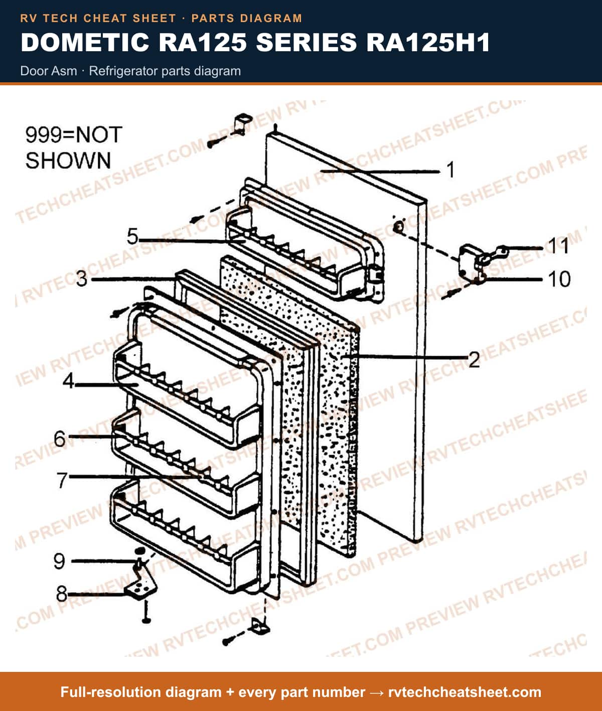 Dometic RA125 Series RA125H1 door asm — exploded parts diagram