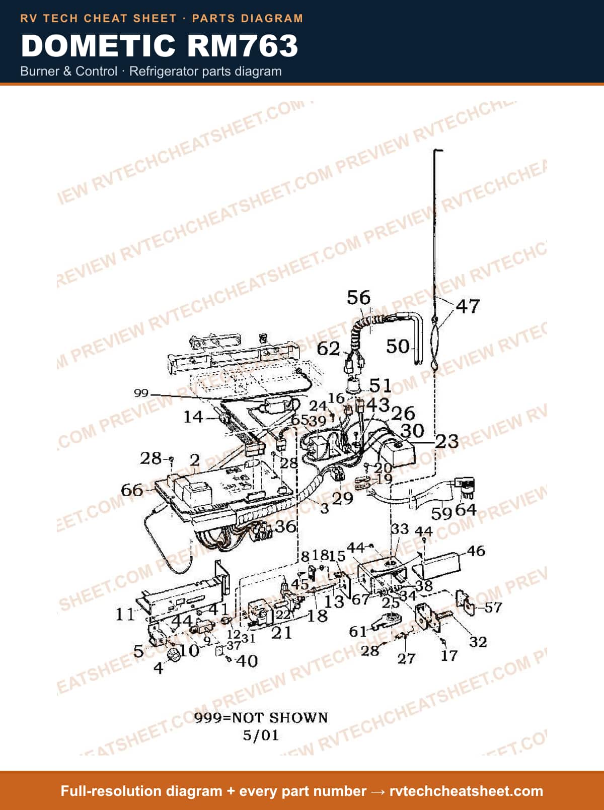 Dometic RM763 burner & control — parts list sheet