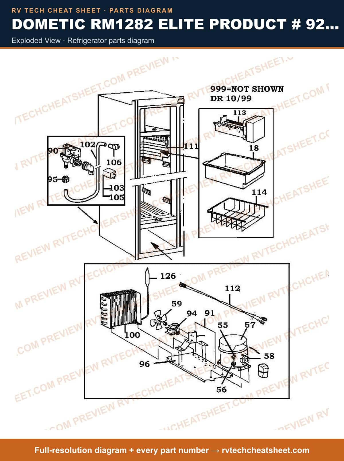 Dometic RM1282 Elite Product # 921148085 exploded view — parts list sheet