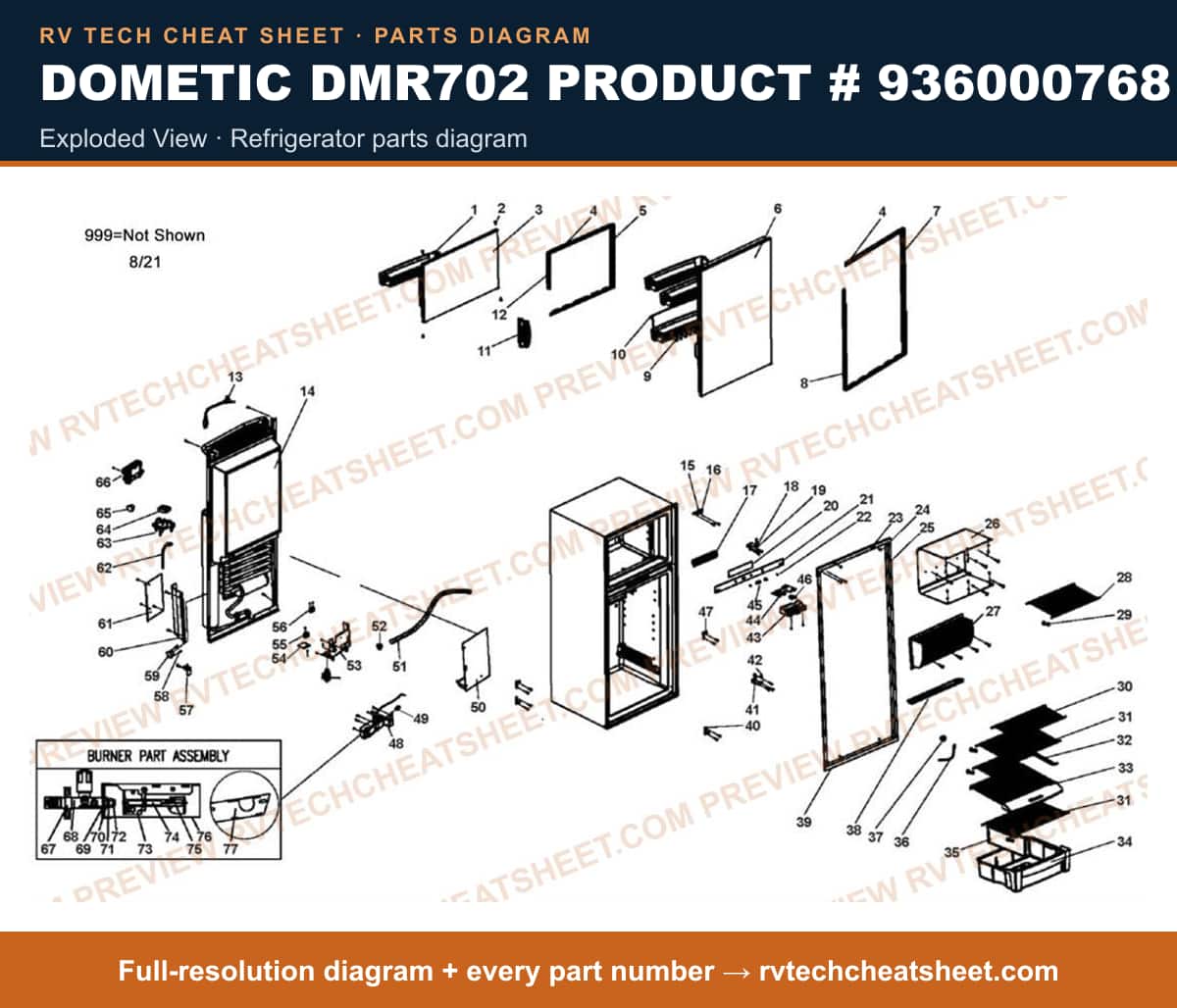 Dometic DMR702 Product # 936000768 exploded view — parts list sheet