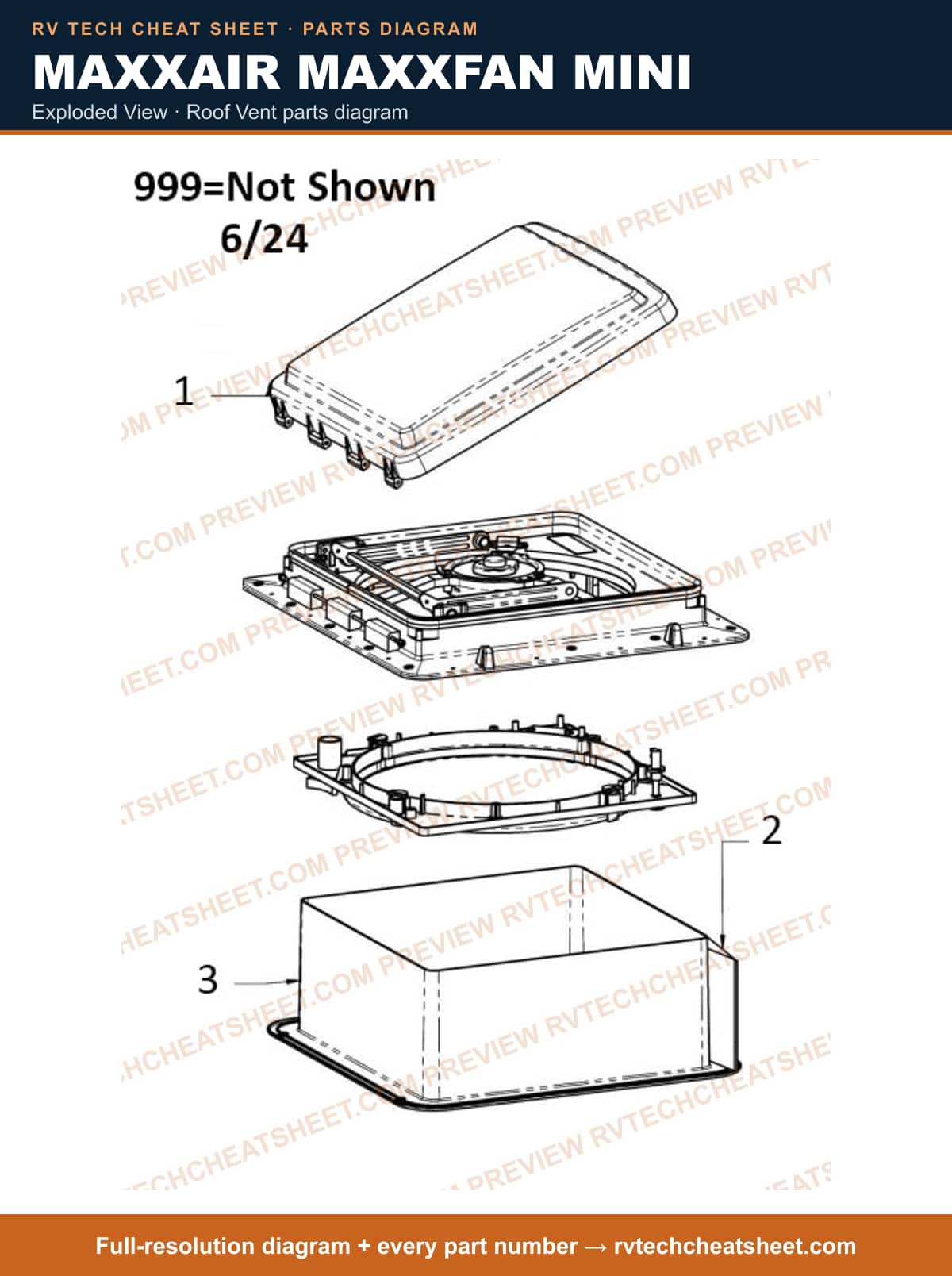MaxxAir Maxxfan Mini exploded view — parts list sheet 3 of 4