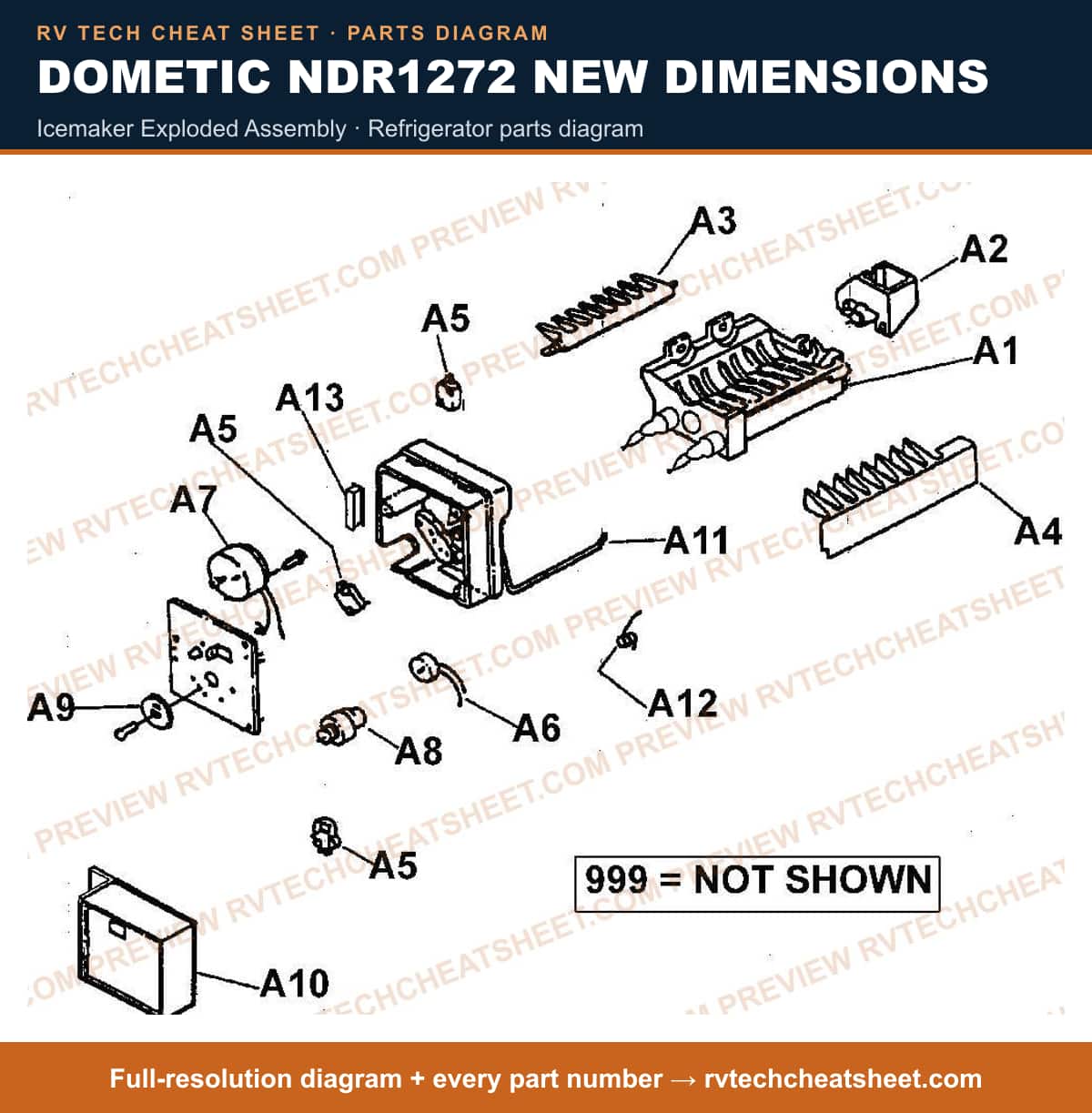 Dometic NDR1272 New Dimensions icemaker exploded assembly — parts list sheet