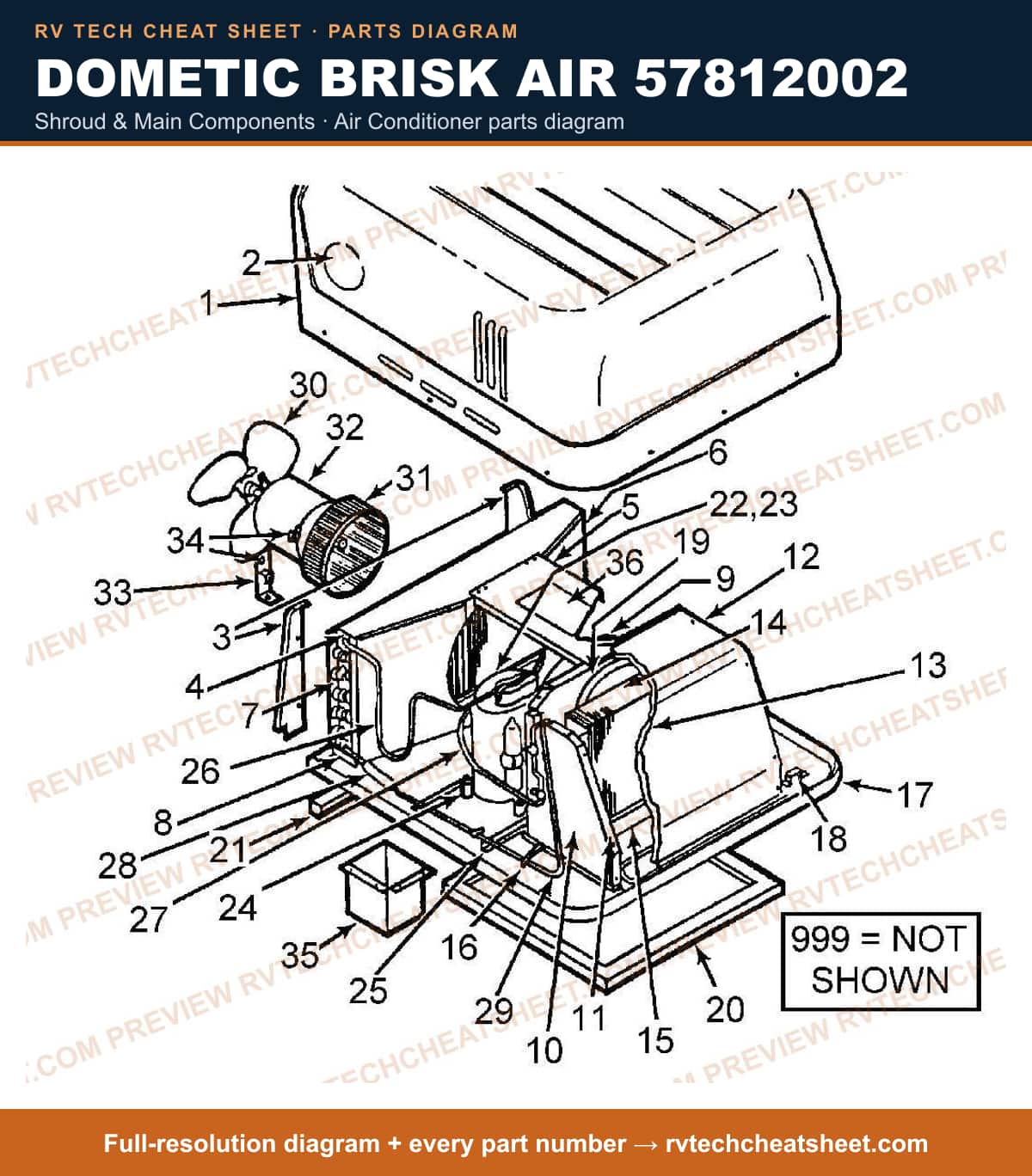Dometic Brisk Air 57812002 shroud & main components — parts list sheet
