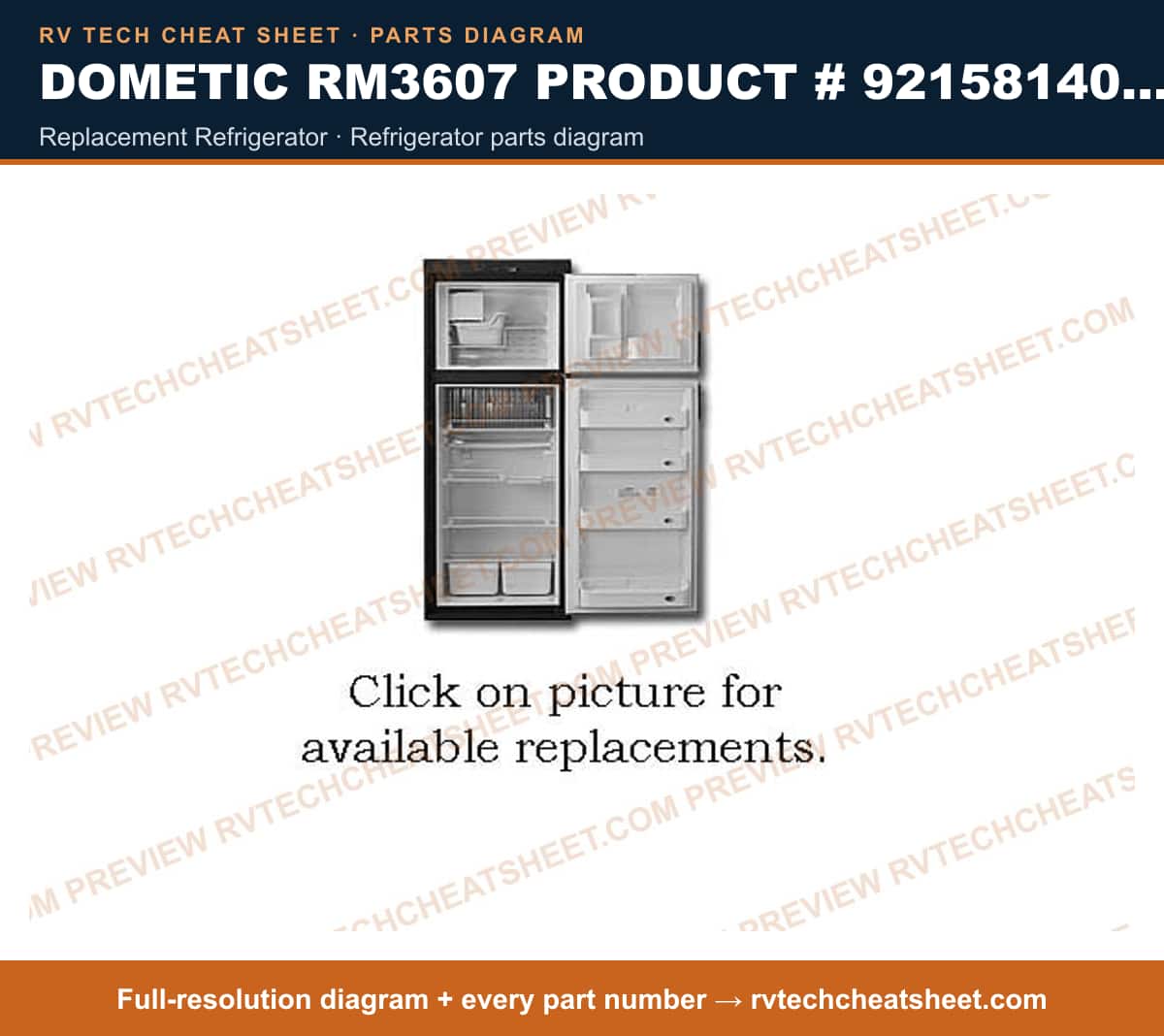Dometic RM3607 Product # 921581401 2-WAY replacement refrigerator — parts list sheet
