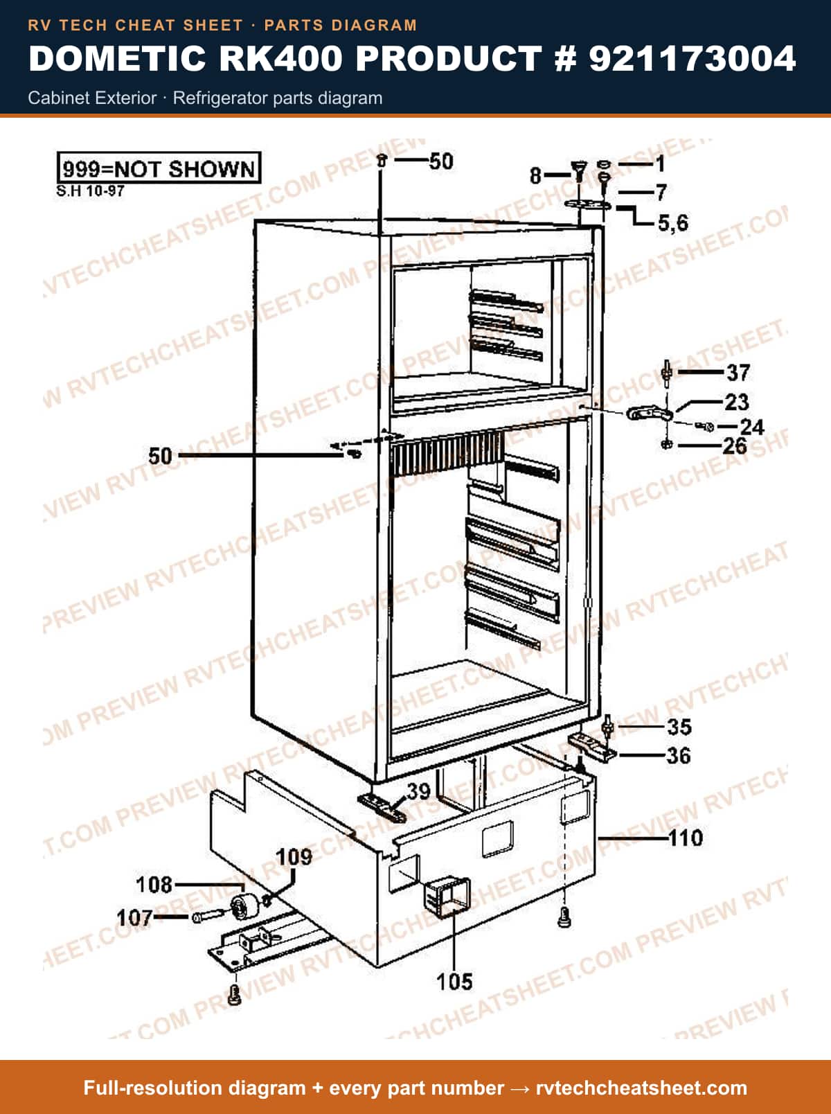 Dometic RK400 Product # 921173004 cabinet exterior — parts list sheet