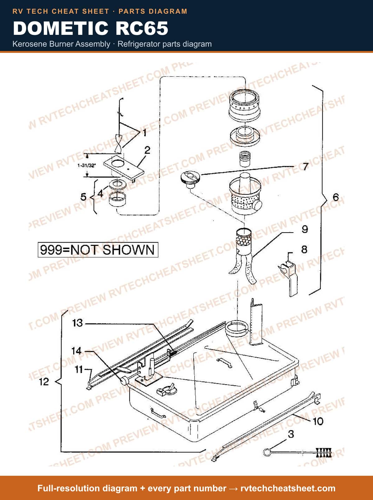 Dometic RC65 kerosene burner assembly — exploded parts diagram
