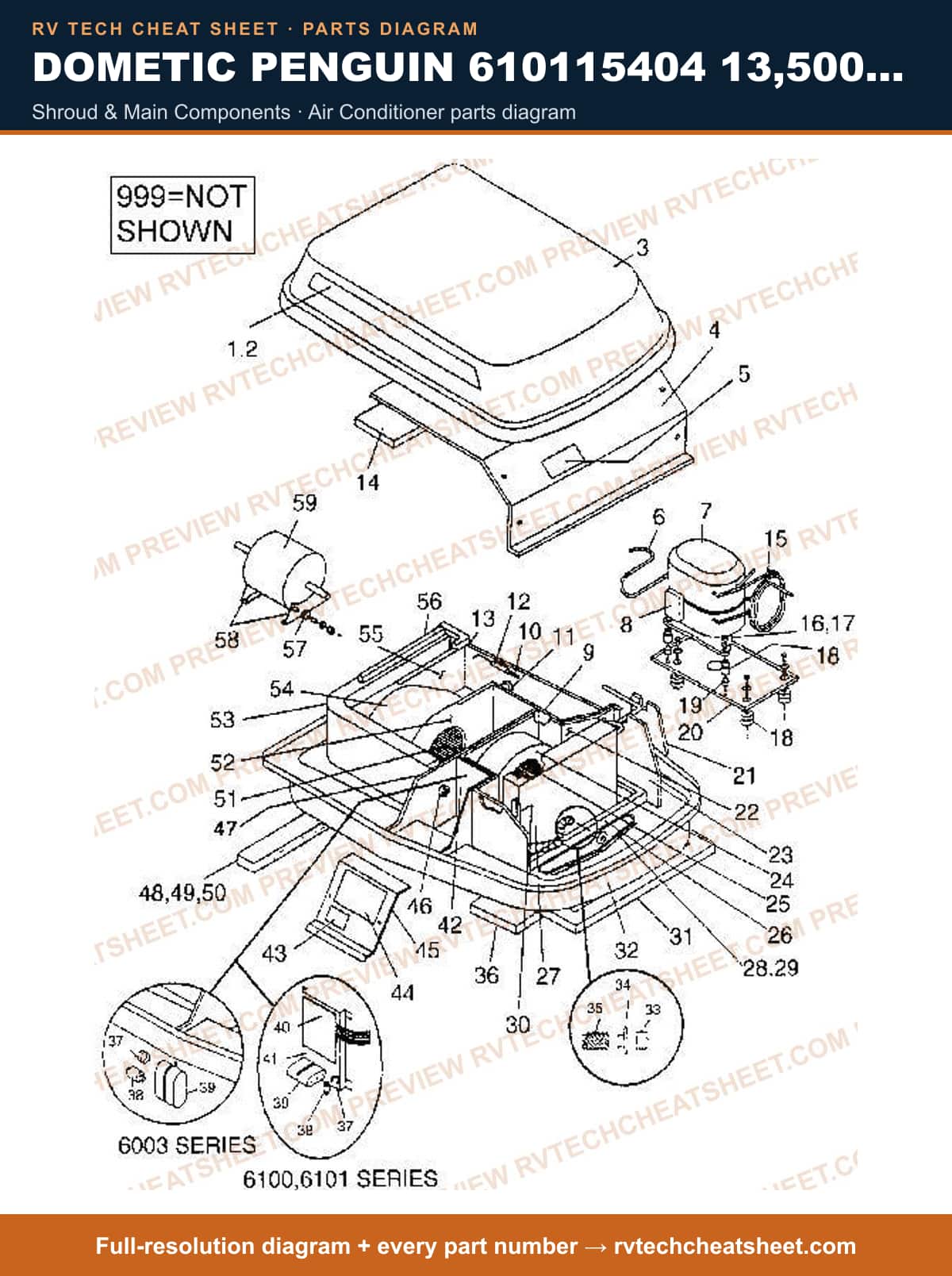 Dometic Penguin 610115404 13,500 BTU shroud & main components — parts list sheet