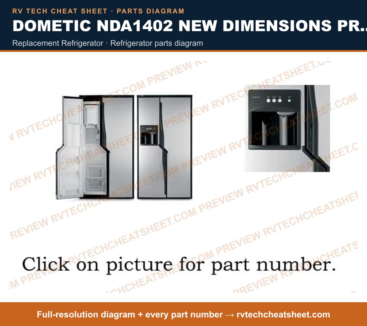 Dometic NDA1402 New Dimensions Product # 921148413 Stainless replacement refrigerator — parts list sheet