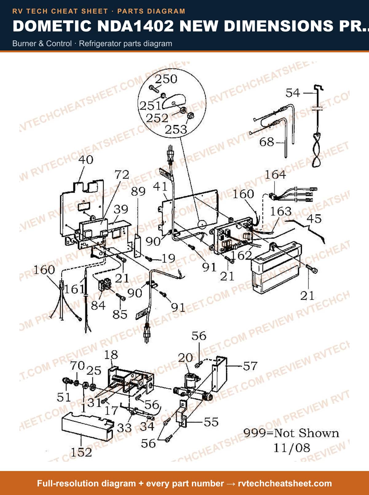Dometic NDA1402 New Dimensions Product # 921148412 Stainless burner & control — parts list sheet