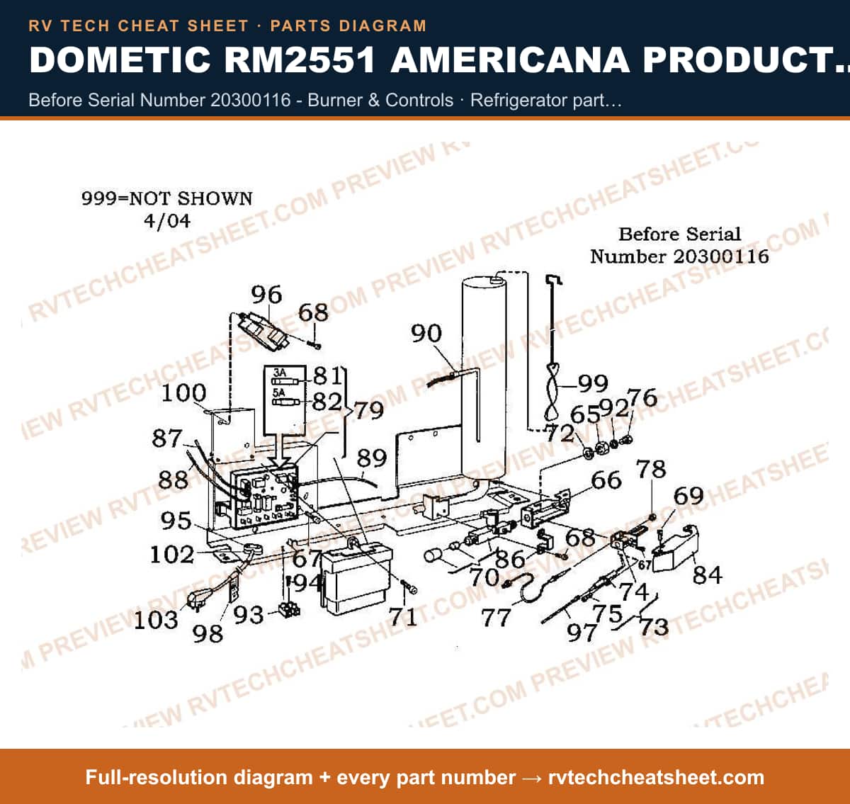 Dometic RM2551 Americana Product # 921142016 Beige before serial number 20300116 - burner & controls — parts list sheet