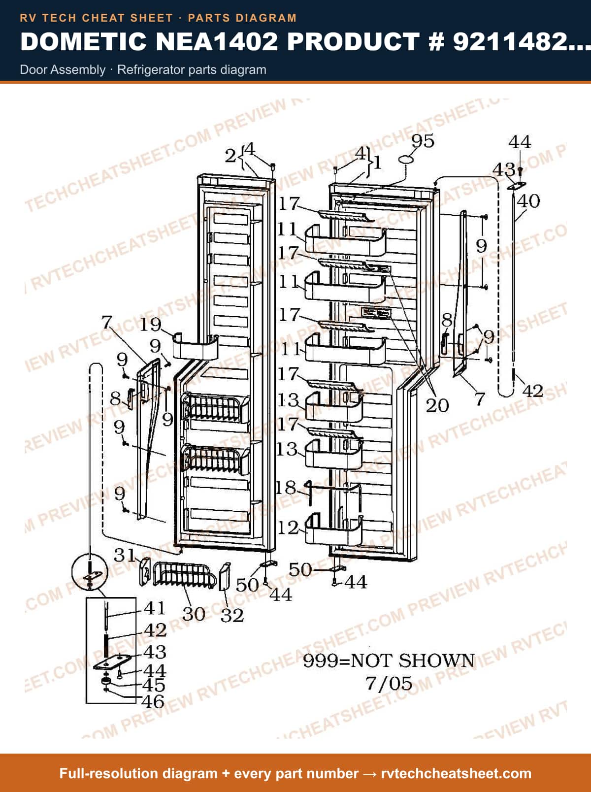 Dometic NEA1402 Product # 921148252 door assembly — parts list sheet