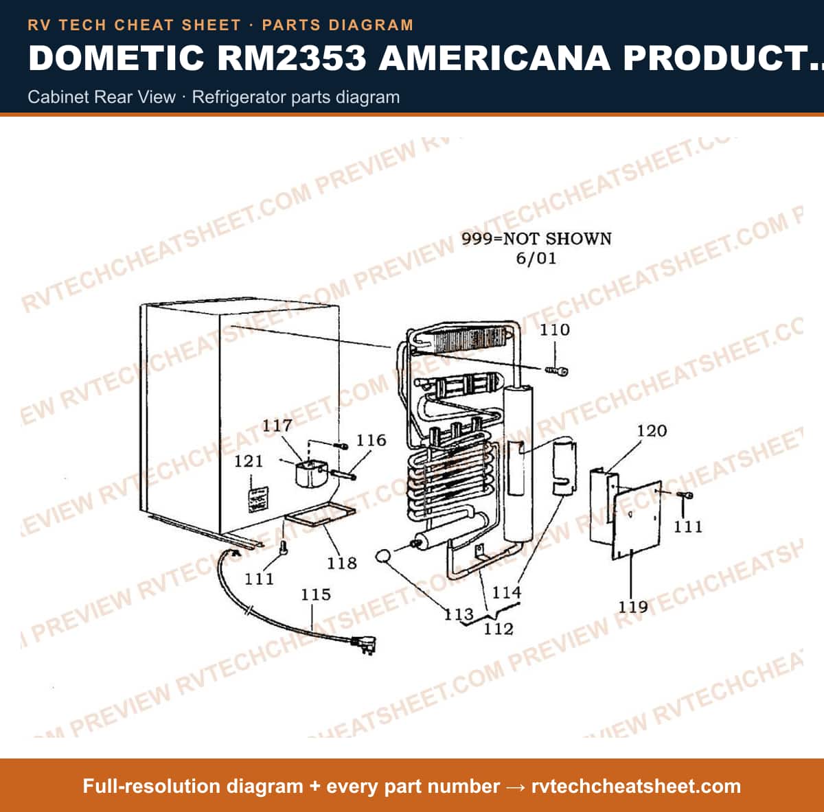 Dometic RM2353 Americana Product # 921145003 Beige cabinet rear view — parts list sheet