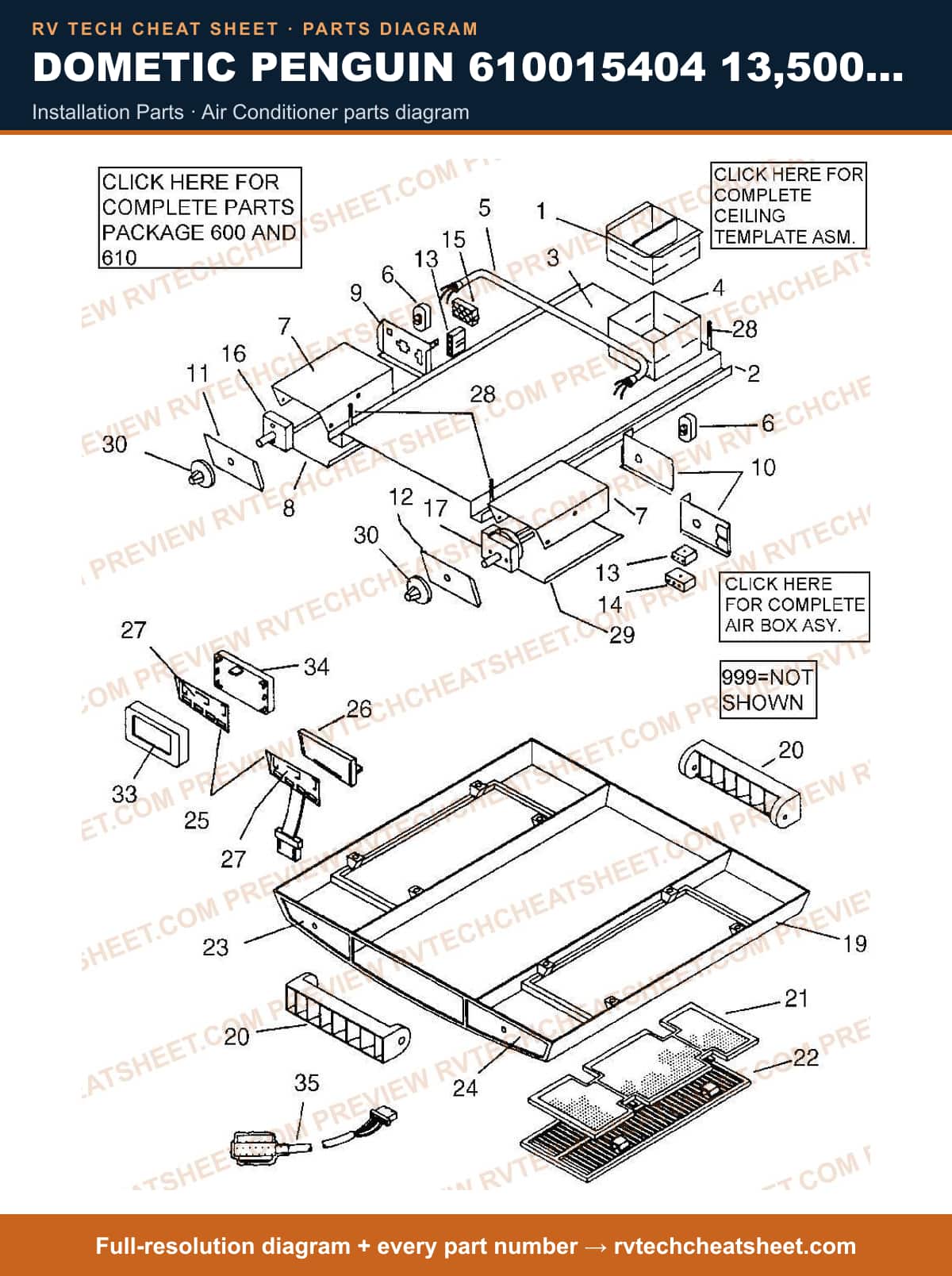 Dometic Penguin 610015404 13,500 BTU installation parts — parts list sheet