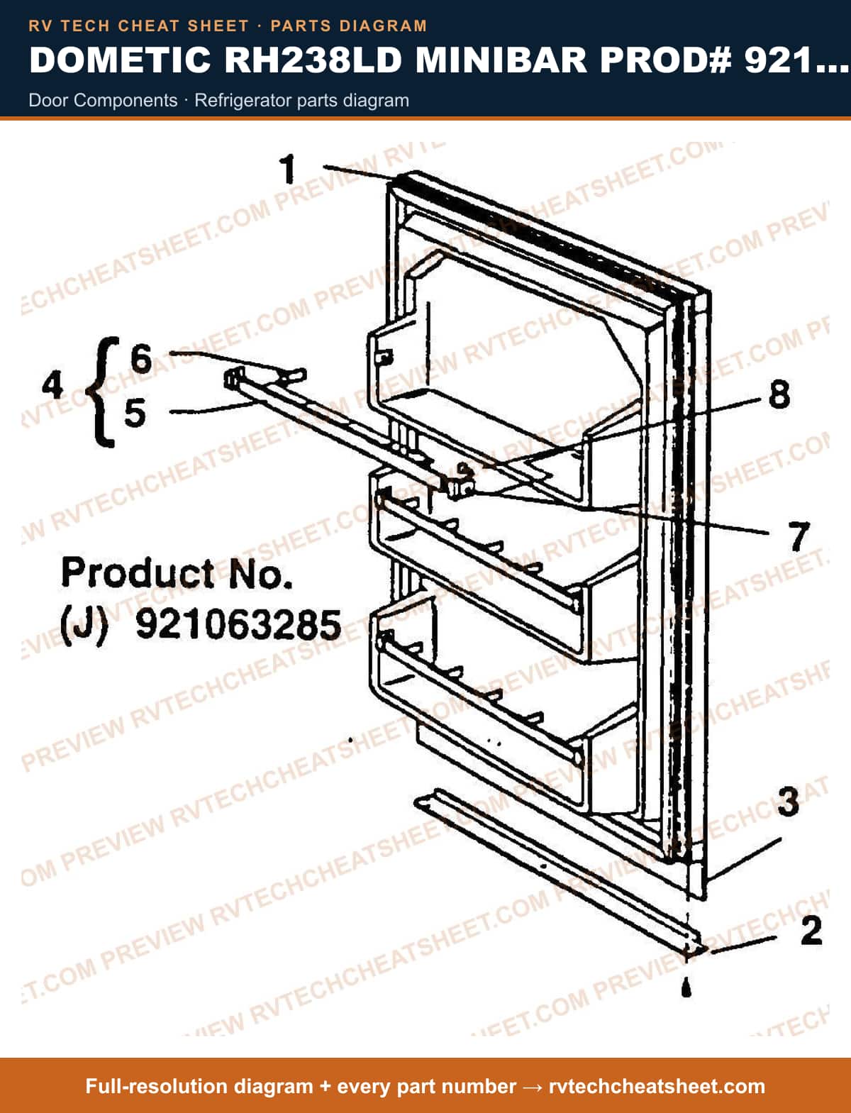 Dometic RH238LD Minibar Prod# 921063285 door components — parts list sheet